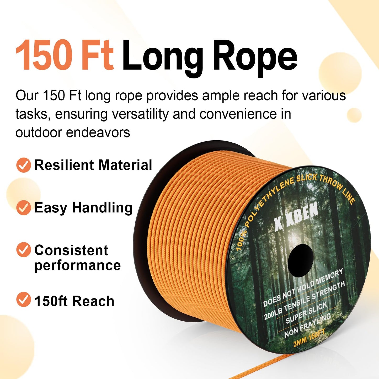 XBEN Arborist Throw Line Kit with 15oz Throw Weight, 150ft 3/19" Slick Rope & Reflective Storage Bag, Polyester Coated for Tree Trimming, Camping, Forestry Gear (4"x6" Orange Bag)