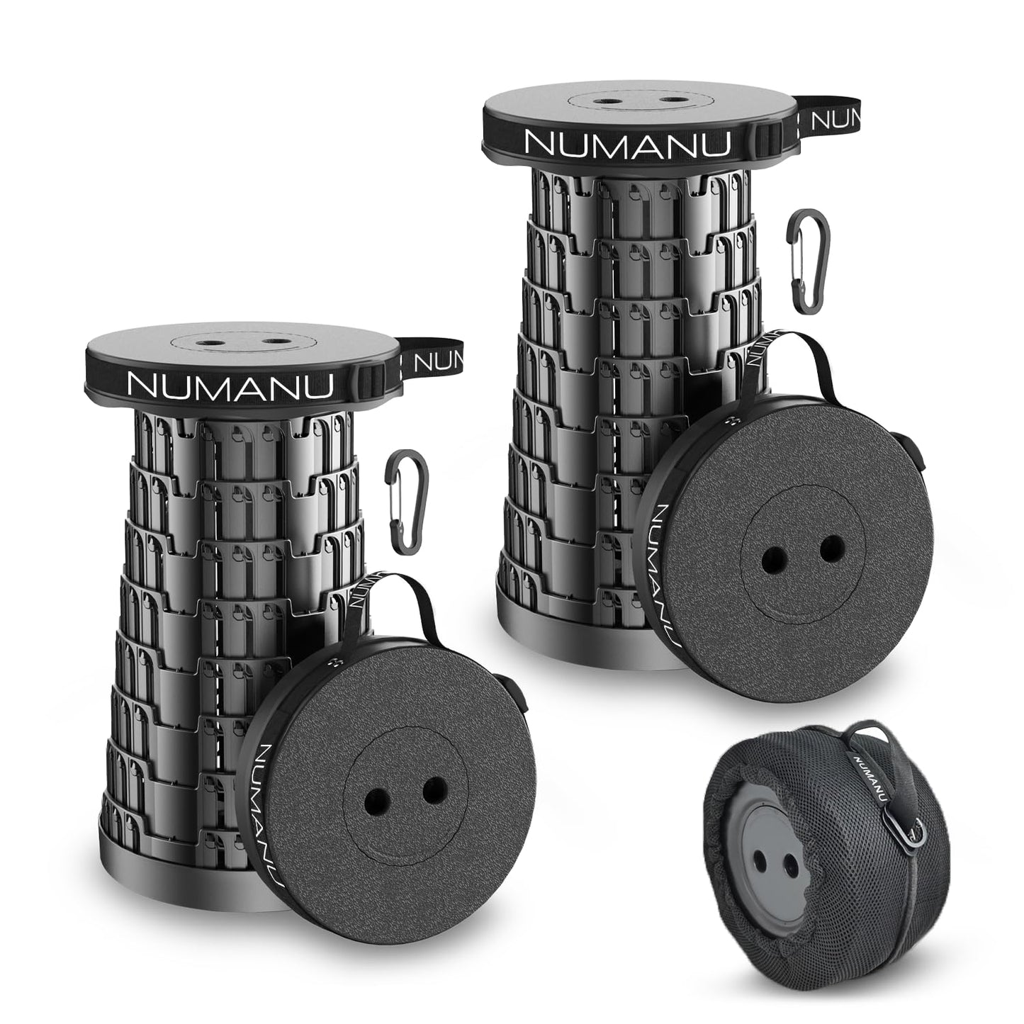 NUMANU 2PK 2026 Upgraded Collapsible Stool, Max 620lbs, 18" H Adjustable Portable Folding Stool for Adults, Retractable Foldable Telescopic Seat Camping Chair or Footrest