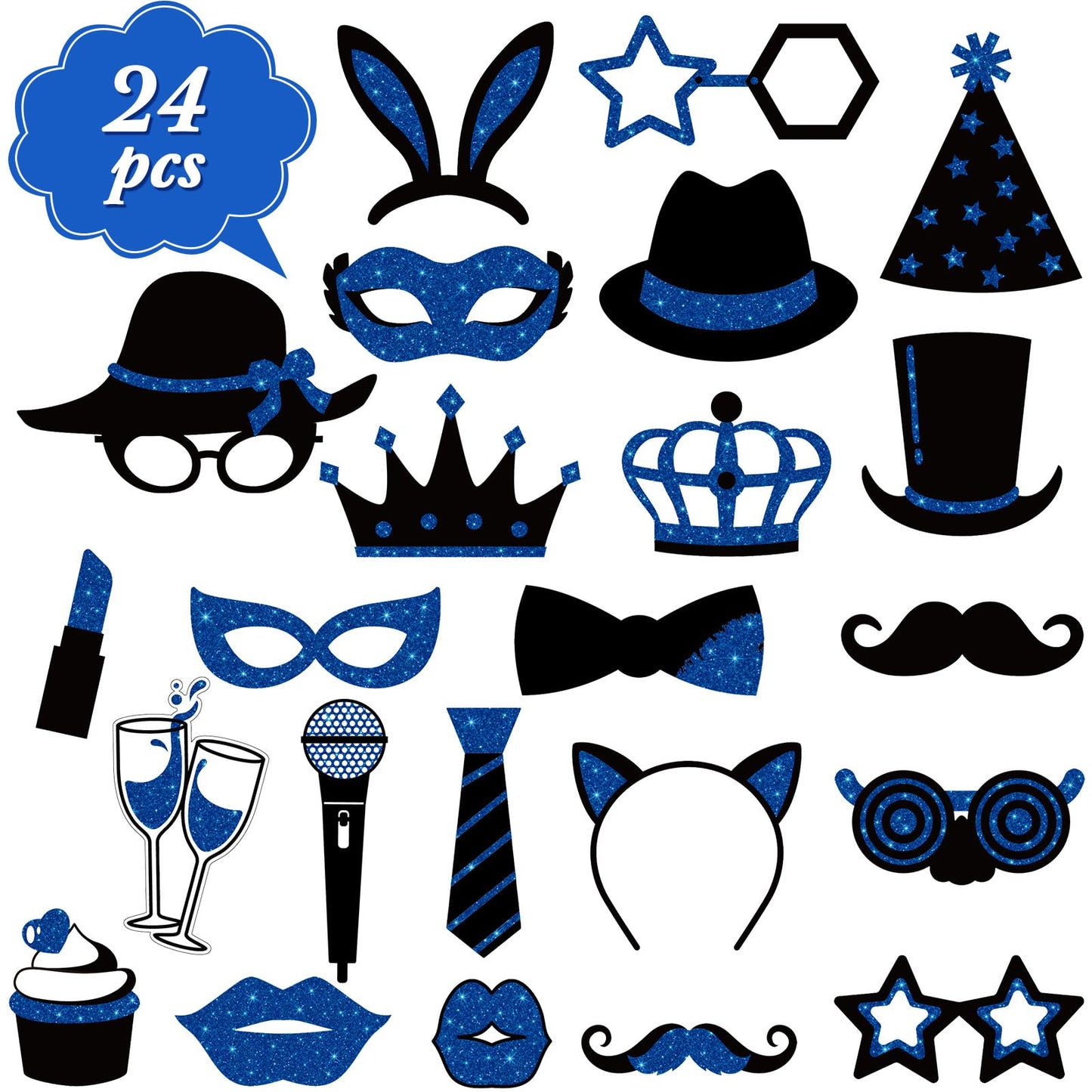 Zonon 24 Pcs Funny Photo Booth Props Class of 2026 Graduation Birthday Wedding Family Class Reunion Prom Disco Party Celebration Decoration Supplies Mix of Hats, Lipstick, Tie(Blue and Black)