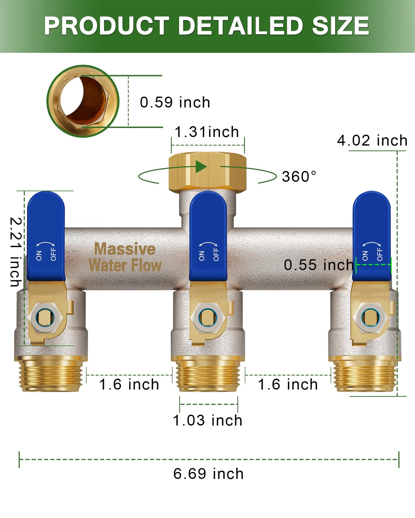 3 Way Hose Splitter Heavy Duty, Garden Hose Splitter with 3 Long Handle, Full Flow Brass Nickel Plated Water Hose T Spigot Splitter Adapter Connector, 3/4 - Inch GHT Thread (Blue)