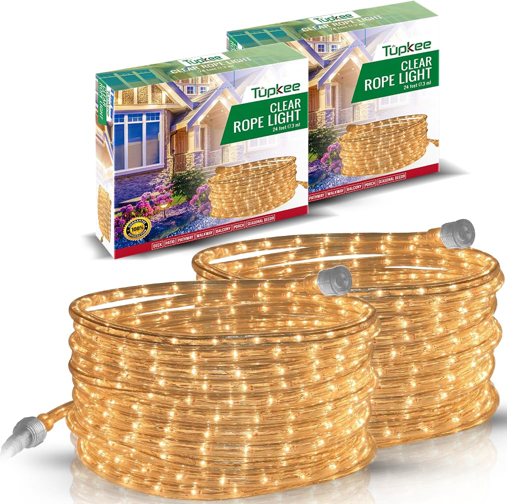 Tupkee Rope Light Warm Clear - 24 Feet (7.3 m), for Indoor and Outdoor use - 10MM Diameter - 288 Clear Incandescent Long Life Bulbs Decorative Rope Tube Lights - Pack of 2