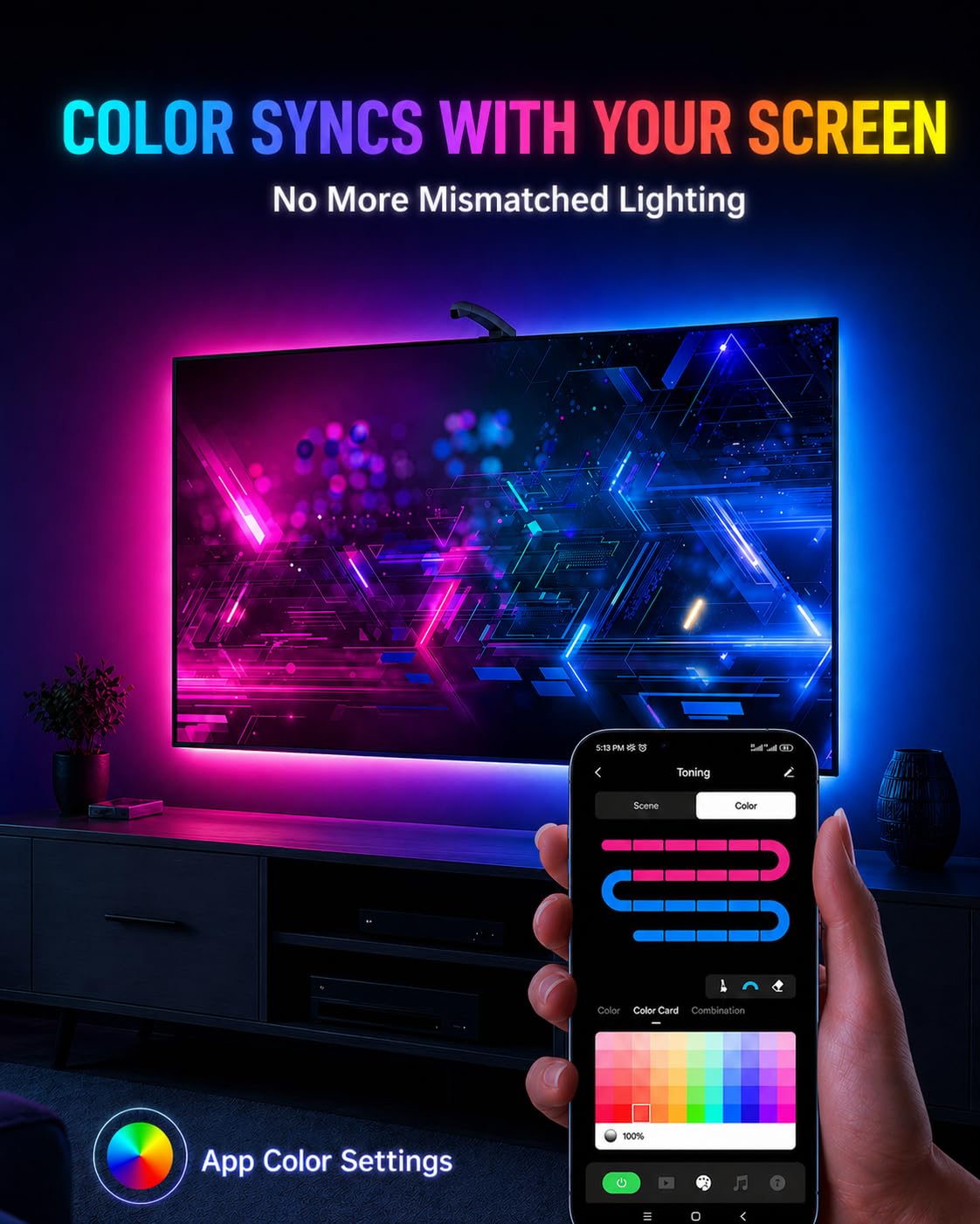 QTU TV LED Backlight with Sensor, LED Sync Lights for TV 55-65 Inch, Smart Camera Sync to Screen, Ambient RGB Strip Lights for Gaming & Home Theater, App Control (14.7ft)