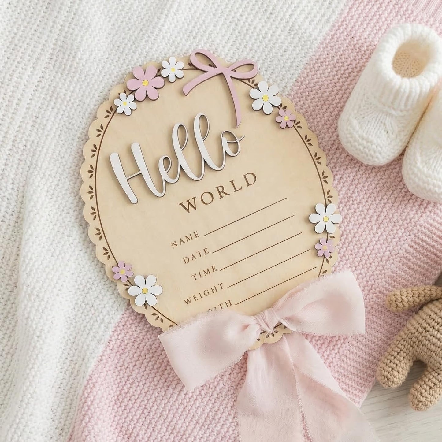 TTMerriwood Baby Announcement Sign with Stand & Marker – Hello World Wooden Name Plaque for Newborn Photoshoot, Baby Shower, Rustic Keepsake Birth Stat Sign for Hospital Birth Announcement (Light pink ribbon)