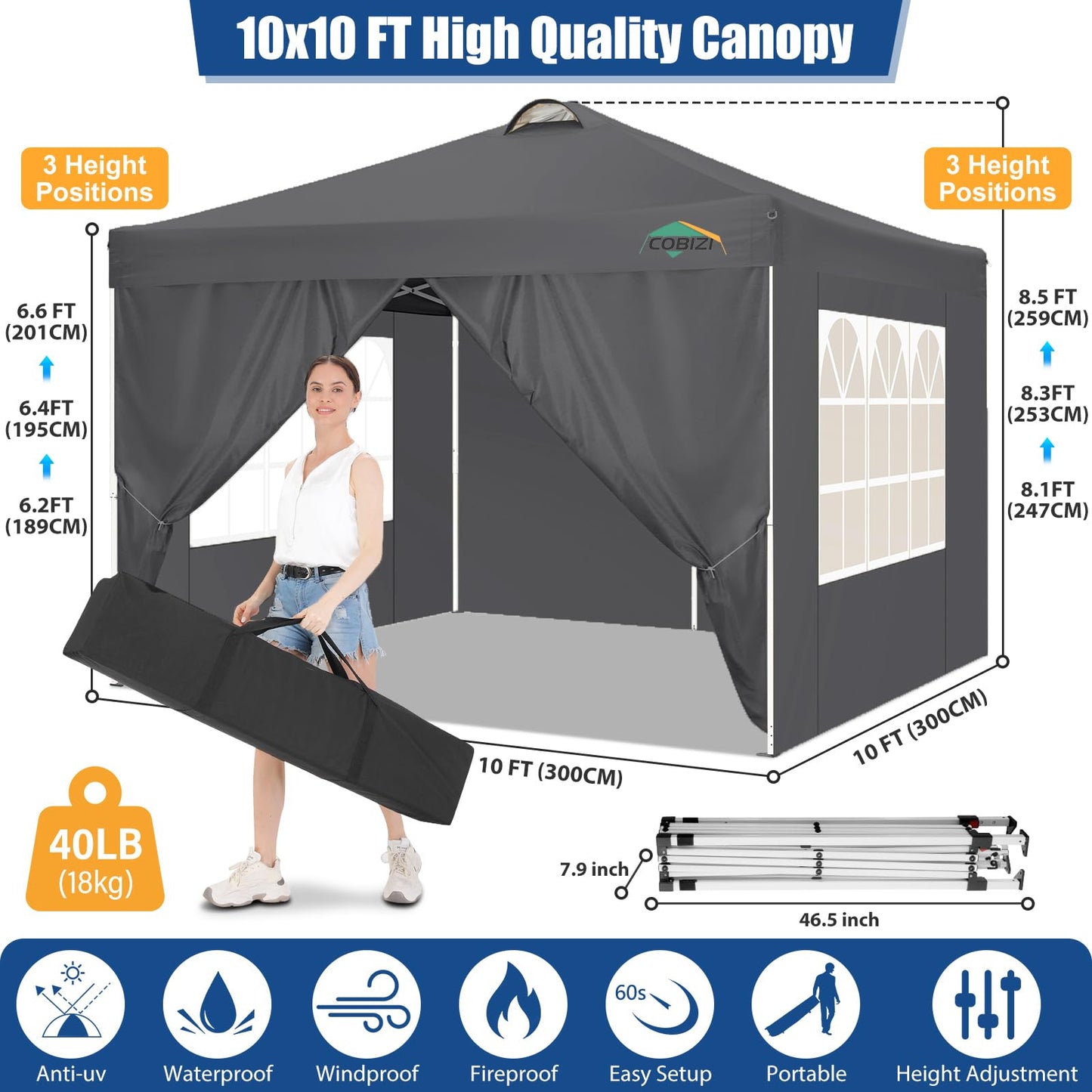 COBIZI 10x10 Pop Up Canopy Tent, One Push Outdoor Gazebo with 4 Removable Sidewalls & Air Vent, Waterproof Commercial Easy Up Adjustable Canopy with 4 Sandbags, 4 Stakes & 8 Ropes for Party,Grey