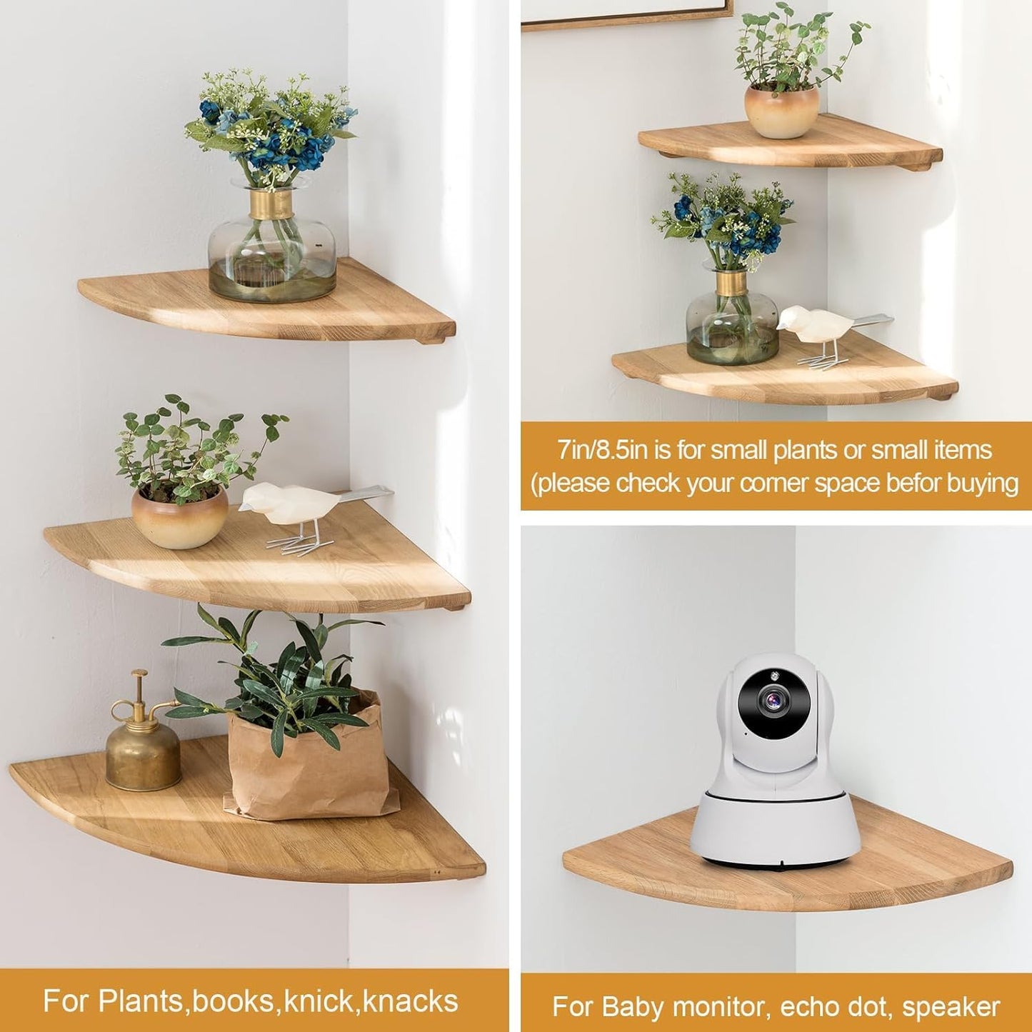 Conamily Corner Shelf, Solid Oak Wood Floating Corner Shelf Wall Mount Round End Floating Speaker with Wire Hole for Small Plant Photo for Bedroom Kitchen, Living Room