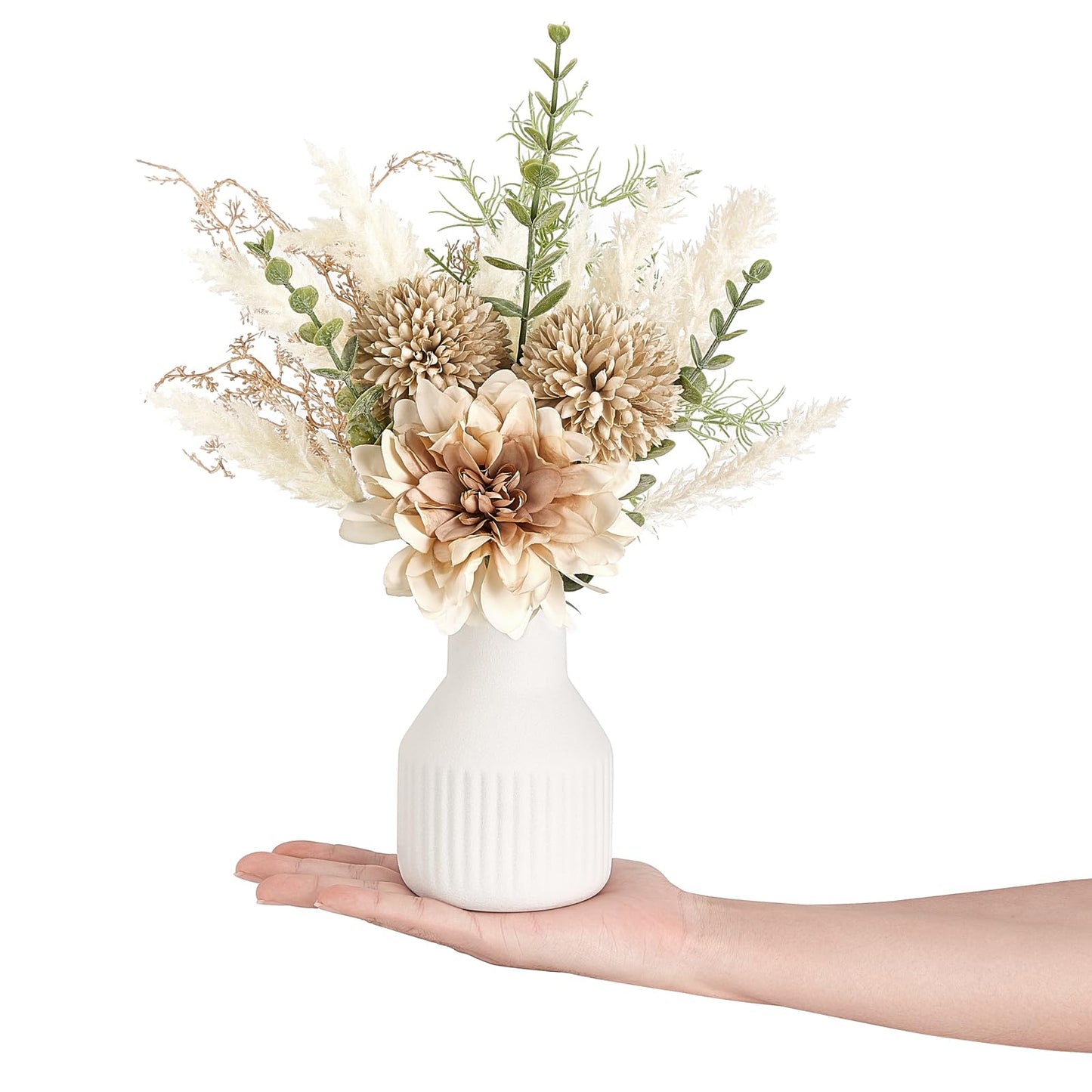 Mkono Small Artificial Flowers in Ceramic Vase 12.5" Centerpieces Coffee Table Decor, Silk Flower Arrangements for Home Decor Indoor Fake Flower Bouquet for Bathroom Dining Room Kitchen Wedding Brown
