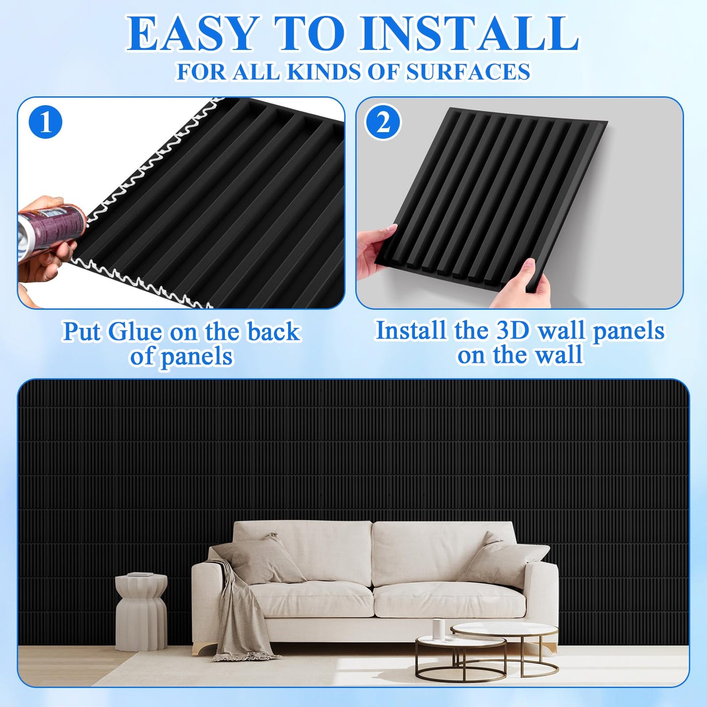 Nuanchu 32 Pcs 3D Slat Wall Panels, 12"x12" PVC Fluted Wall Paneling for Interior Decor, Paintable Waterproof Textured Tiles for Living Room TV Background Gaming Room, 32 Sq. ft Coverage (Black)