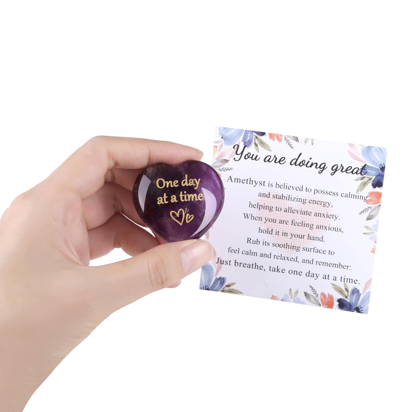 QINJIEJIE Amethyst Crystal Heart Stones One Day at A Time Thinking of You Gifts for Anxiety Relief Items You Got This Inspirational for Best Friend Purple Heart Gifts Valentine's for Women