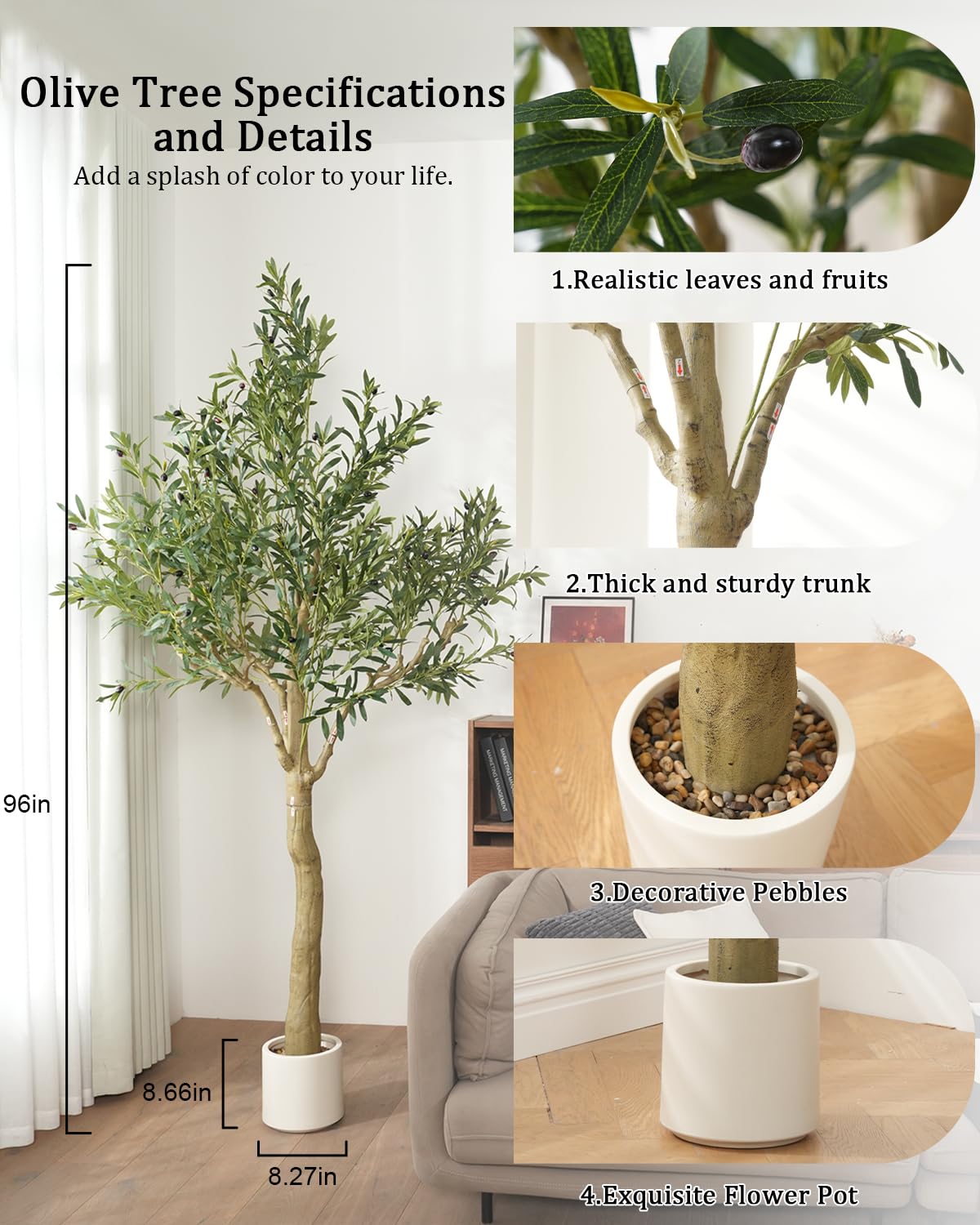 Sillaff Olive Tree 8FT Fake Tree Large Artificial Tree Indoor Faux Plants with Pot, Nearly Natural Olive Branches and Fruits for Living Room Home Office Decorations