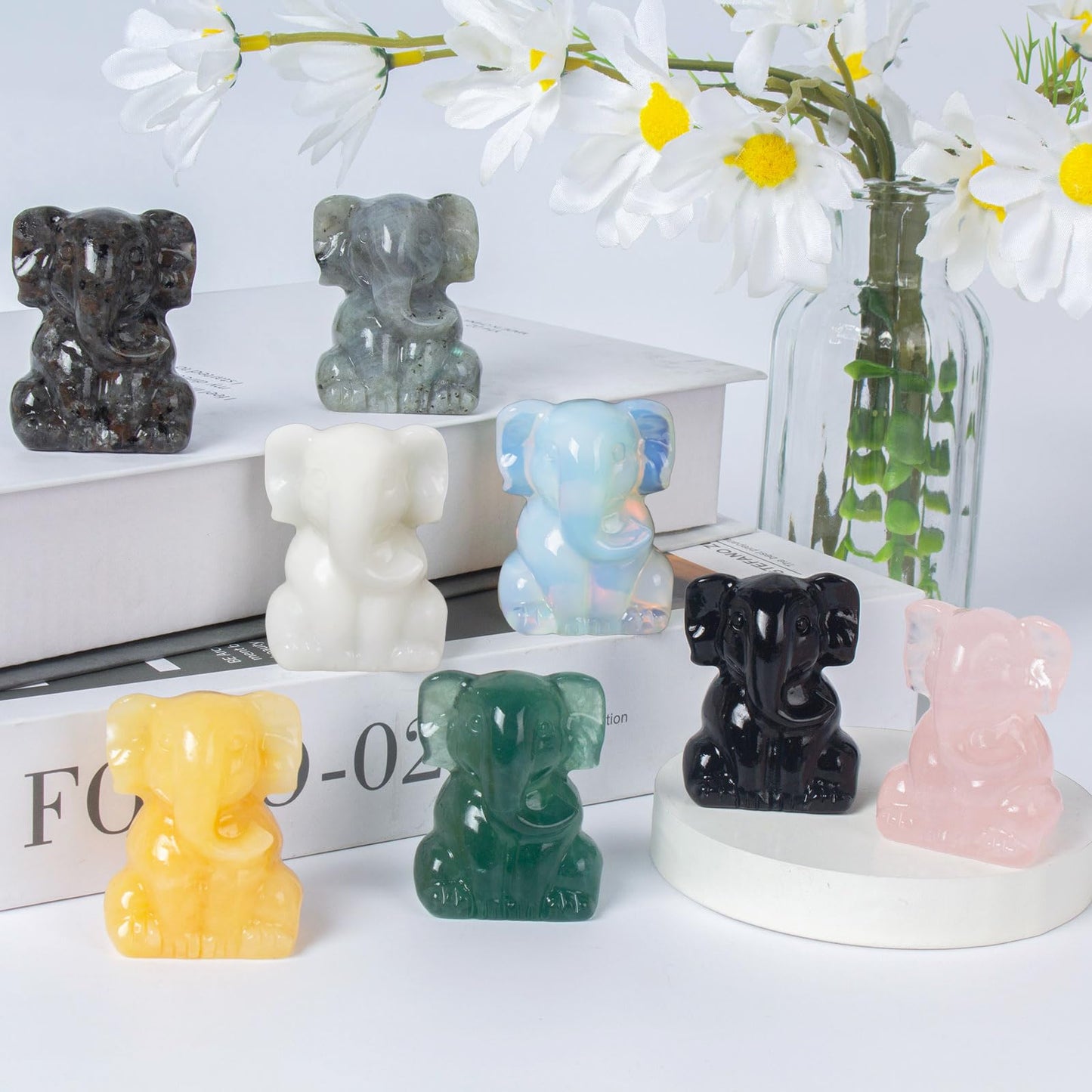 Ytbeoxk 2 Inch Crystal Elephant Decor Statues, Labradorite Cute Sitting Elephant Figurines, Reiki Healing Crystal Carved Animal Statues, Home Office Desk Hand Carved Decor Gifts for Women