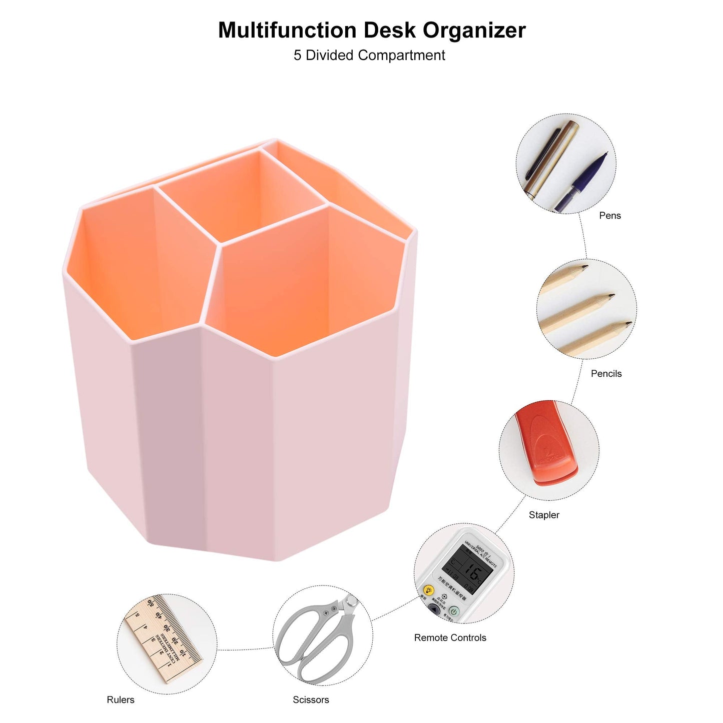 Siveit Desk Pencil Pen Holder, Rotating Pen Organizers 360-Degree 5 Grid Pen Holder for Desktop Storage Stationery Supplies Organizer, Home, Office, School, Kids, Peach Pink