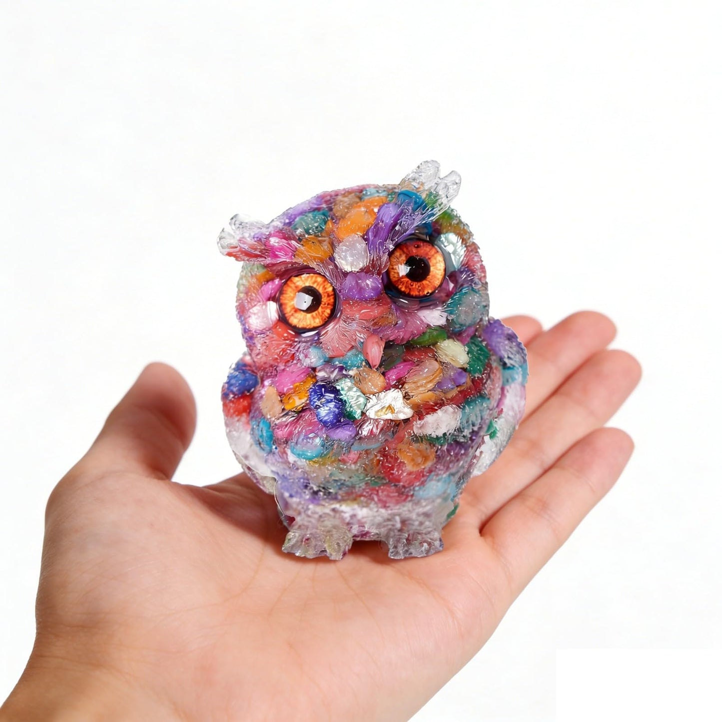 OwMell Owl Statue Tumbled Stone Gemstone Owl Figurine Home Decor Shelf Decor 2.5" - Rainbow