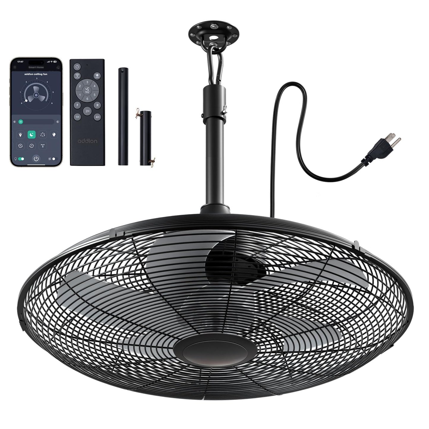 addlon Outdoor Fans for Patios, 20 inch IP65 Waterproof Gazebo Fan Remote&APP Control, 6 Speeds, Quiet, DC Motor, Plug in Ceiling Fan with Hook Hanging Caged Fan for Pergola Porch Canopy Backyard
