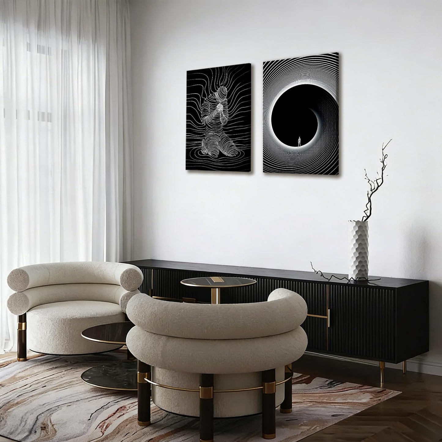 AUUAUU 2 Pcs Abstract Line Art Wall Art Black and White Modern Canvas Painting Minimalist Mental Health Wall Decor Surreal Human Figure Tunnel Art Prints for Living Room Bedroom 12x16 Inches