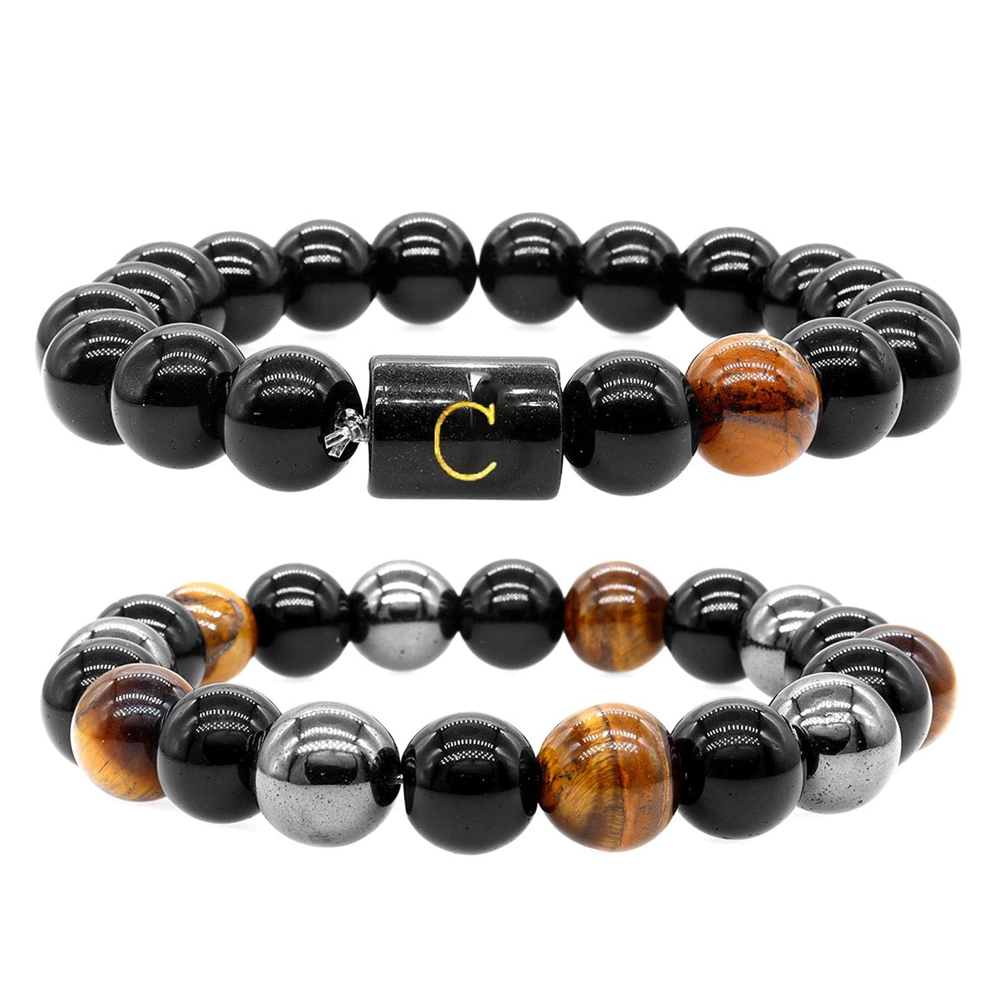 ZZ ZINFANDEL Initial Letter Black Obsidian Beaded Bracelets for Men, Mens Triple Protection Bracelet,10mm Natural Black Onyx Tiger Eye Stone Beads Bracelets (C)