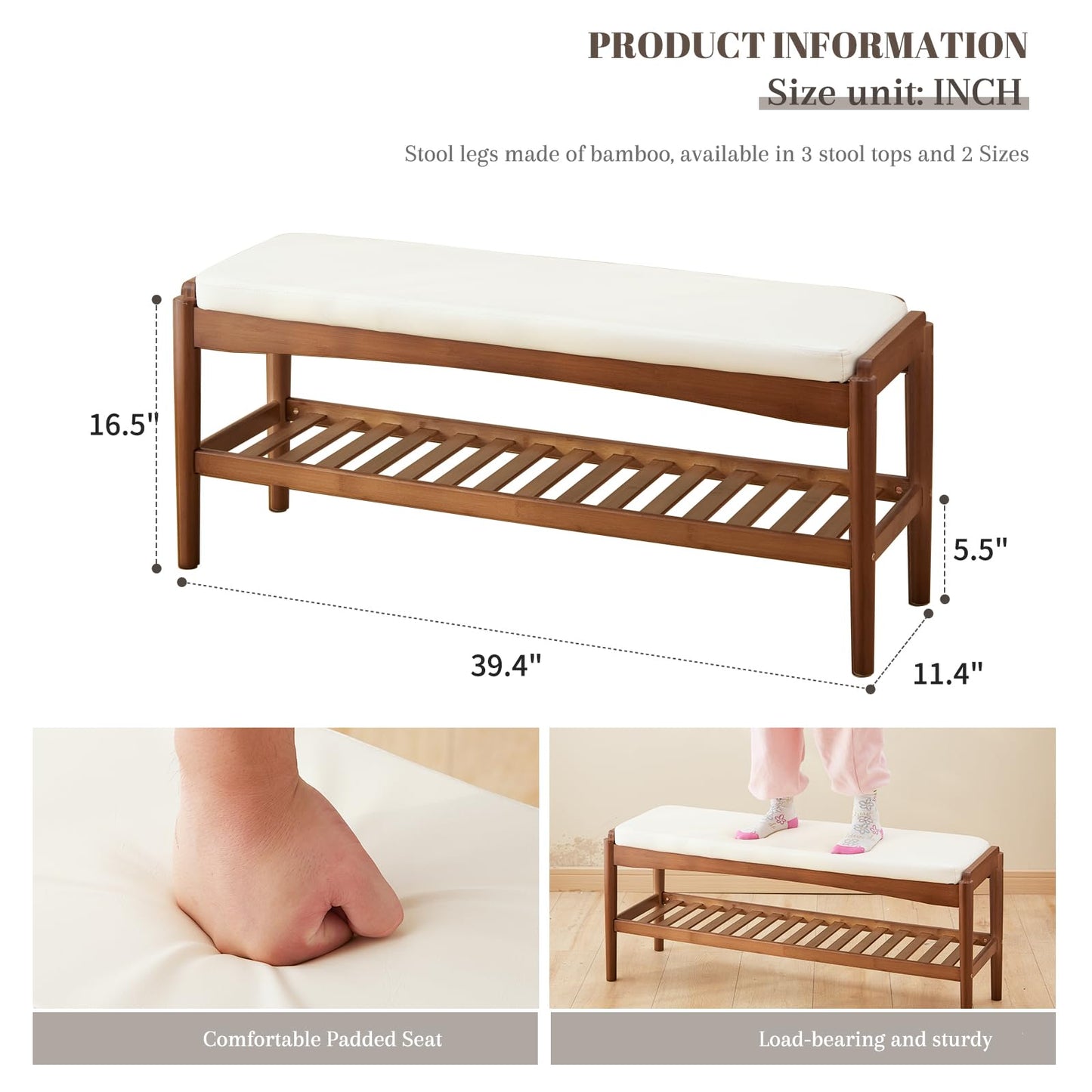 STDDRE Shoe Rack Bench Entryway Bamboo Shoe Storage Bench with Leather Cushion 2 Tiers Shoe Rack Entryway Bench for Hallway, Living Room,Bedroom(Beige Bench top+Brown Frame)