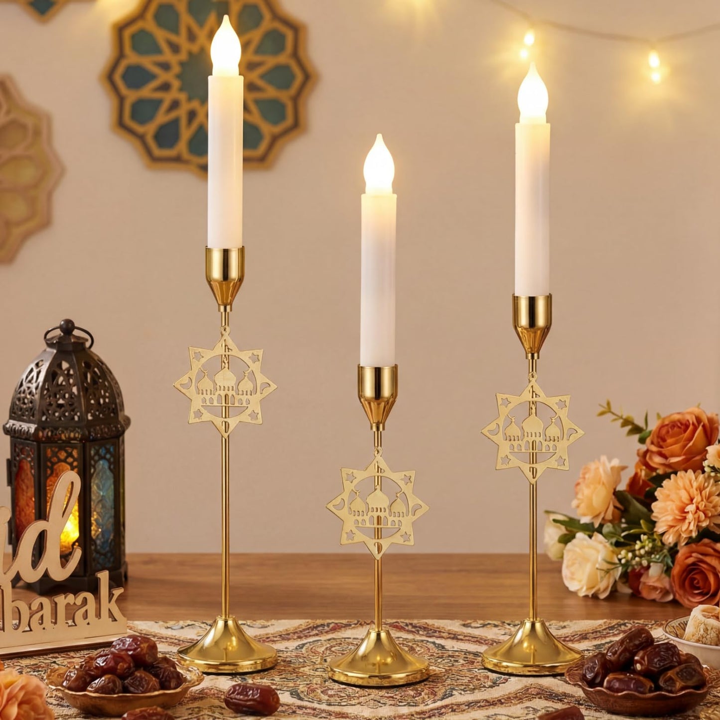 Ceenna 3 Pcs Ramadan Candle Holders, 3 Size Mosque Candlestick Holders, Gold Candle Holder for Eid Mubarak Ramadan Decorations Table Centerpiece Mantel Decor Housewarming Gifts
