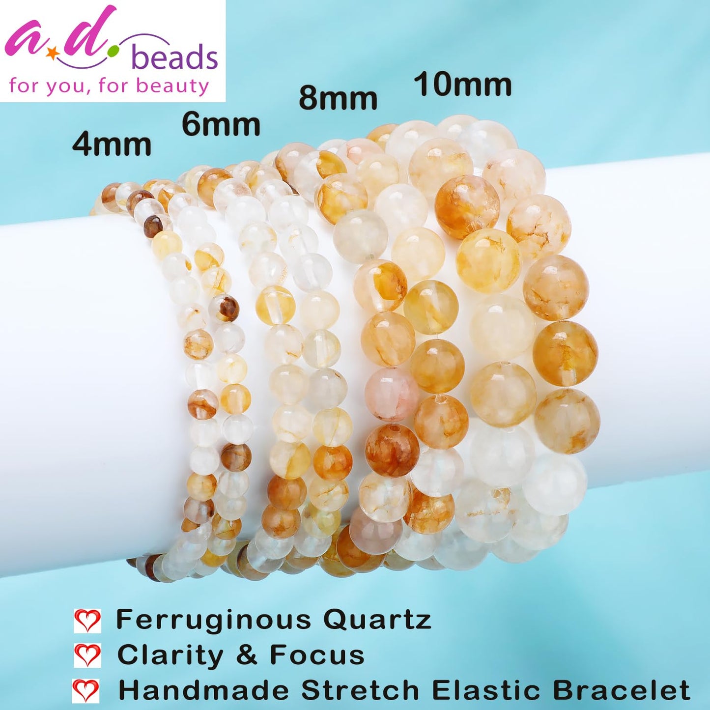 AD Beads 6mm Handmade Ferruginous Quartz Elastic Bracelet – Natural Gemstone for Clarity & Focus – Meditation, Yoga, Healing and Energy Gift for Men Women