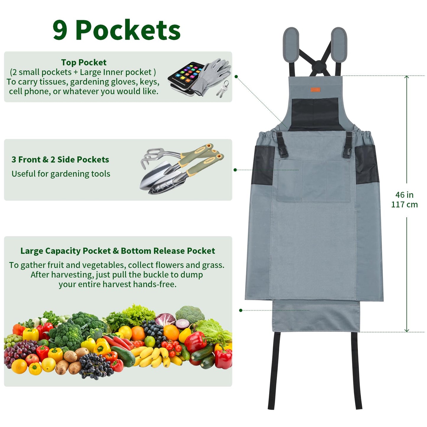 Garden Harvest Apron, Patioland Gray Adjustable Fruit Picking Apron w/Bottom Release Pocket,Gardening Apron with Gloves for Women & Men, Fruit Picking and Foraging Apron for Gardeners, Gardening Gifts