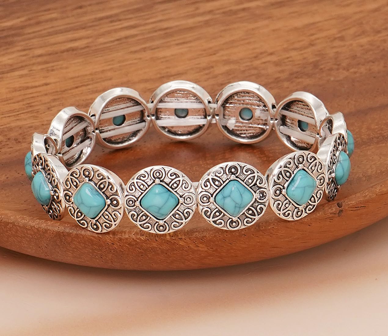 Wovanoo Turquoise Stretch Bracelets Boho Natural Stone Bangle Bracelet Adjustable Carved Wrist Bracelet Round