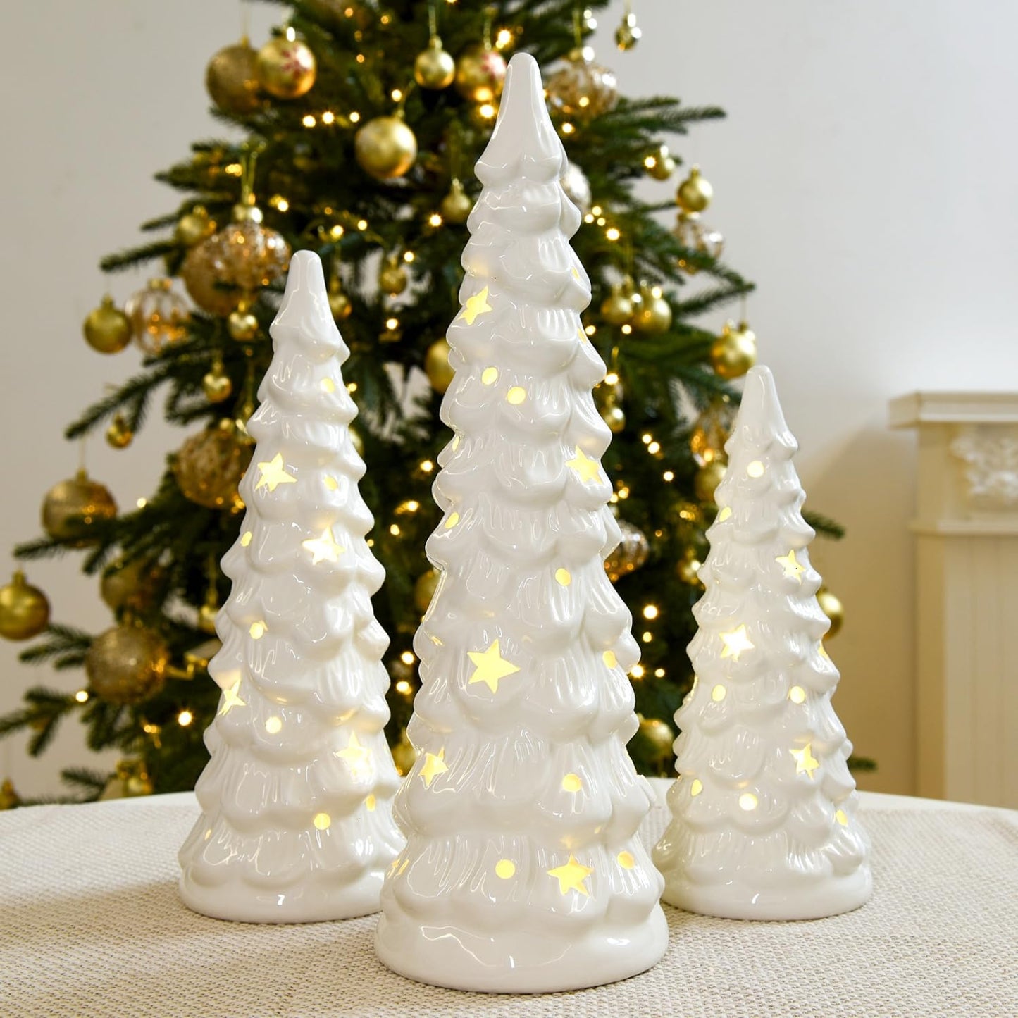 JETEHO Set of 3 White Ceramic Christmas Trees Tabletop Christmas Tree with Stars and Dots Cutouts Ceramic White Christmas Decorations for Home
