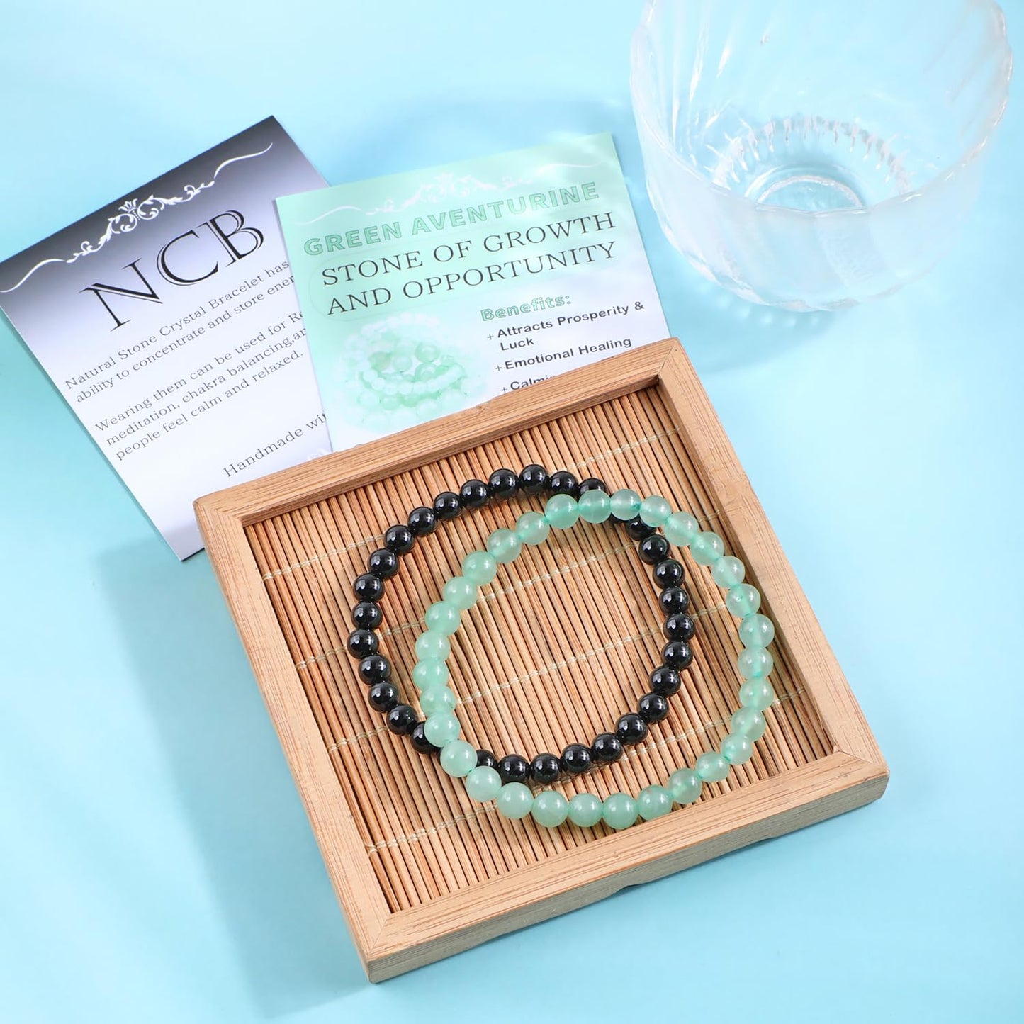 NCB 2-Piece 6mm Natural Crystal Gemstone Stretch Bracelets – ﻿Black Onyx, Green Aventurine Handmade Reiki Energy Healing Jewelry for Meditation,Yoga, Unisex