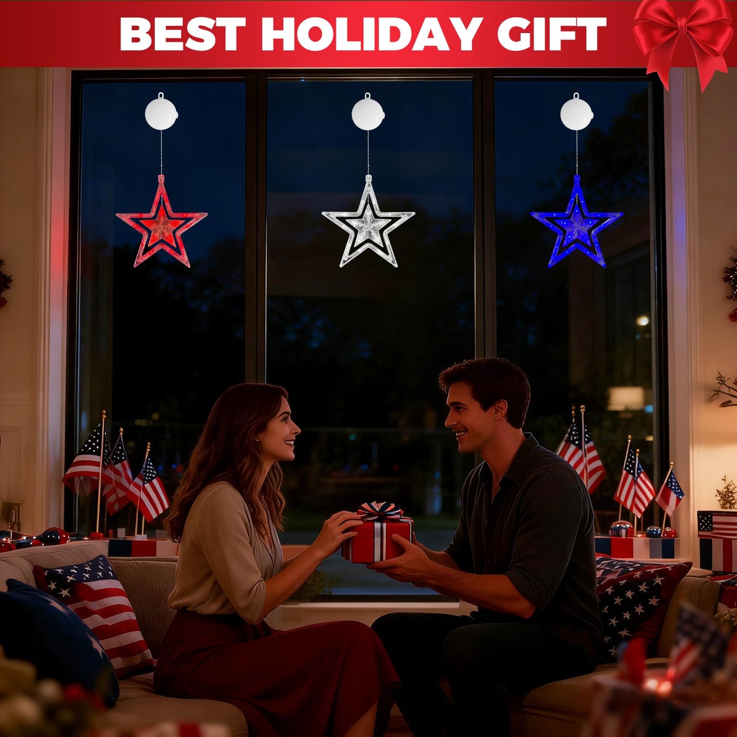 4th of July Window Lights with Timer, Red White Blue Star Lights Battery Operated with Suction Cup Hook, LED Hanging Patriotic Decor for Memorial Day Independence Day Home Room(Red White Blue)