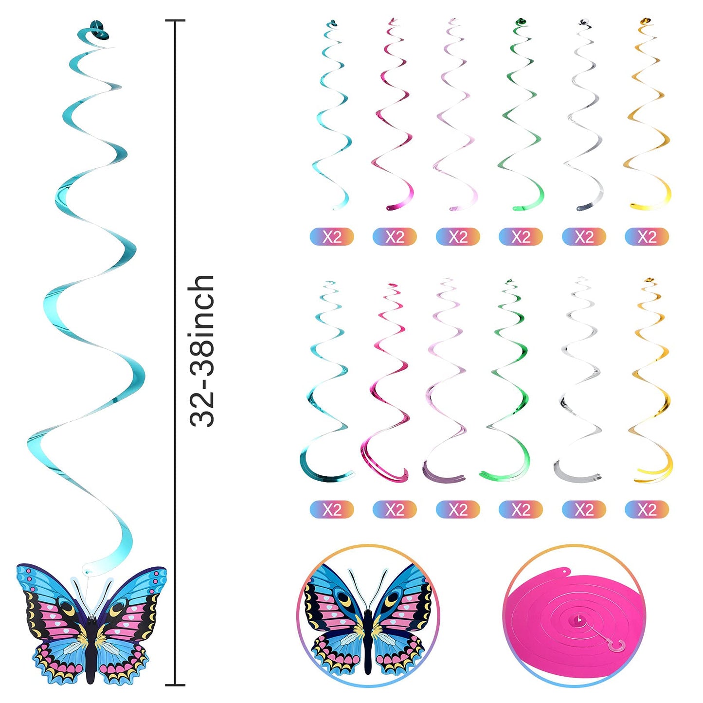 36 Pcs Spring Summer Butterfly Party Decoration Hanging Ceiling Swirl Streamer Large Paper Butterfly Decor for Classroom Office Mothers Day Home Garden Girl Birthday Baby Shower Wedding Tea Party