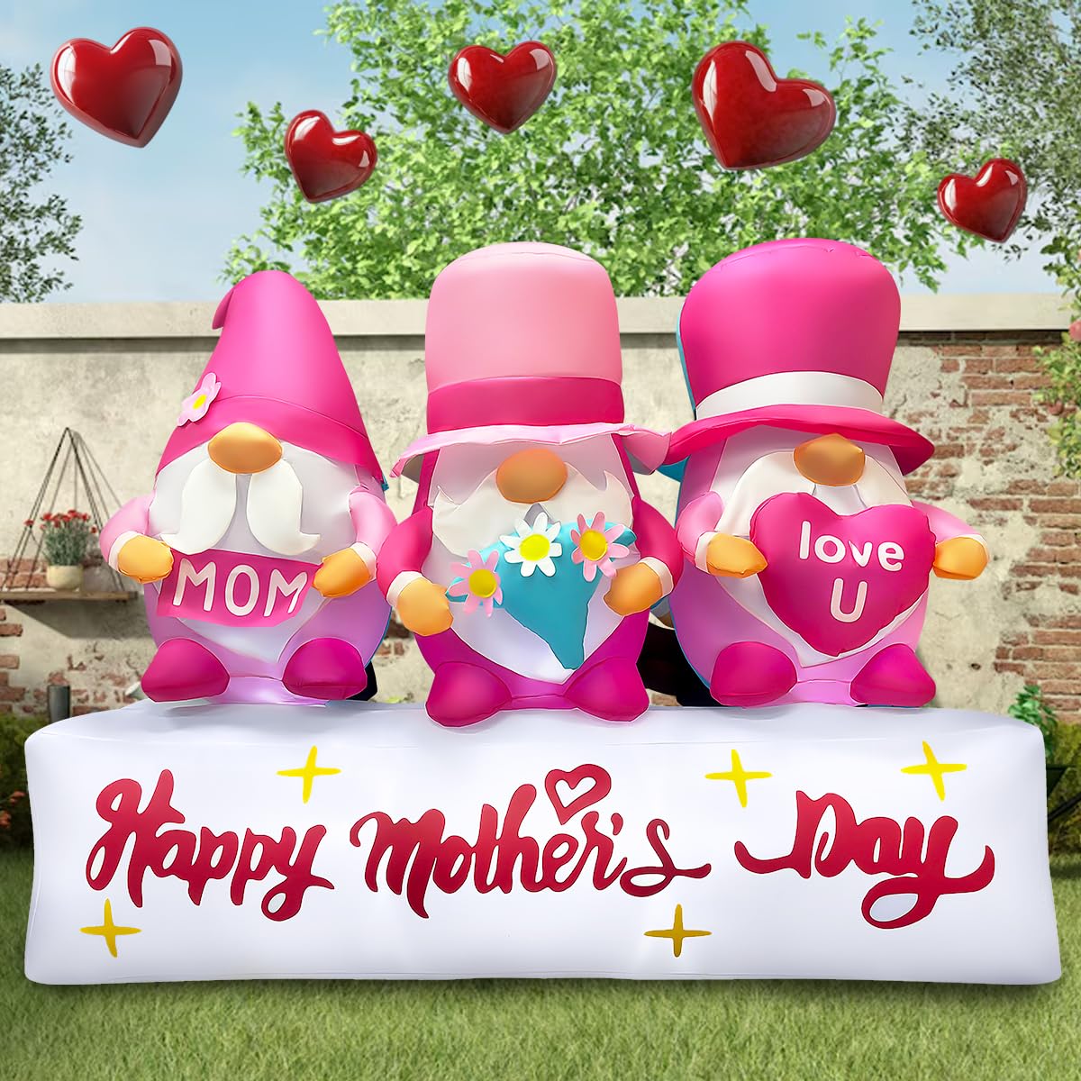 bbioc 7FT Long Inflatable Happy Mother's Day Decorations, Father's Day Inflatable Double Side Decorations, Three Gnomes Built-in LED Lighted Blow Up Decoration Home Yard Outdoor Indoor Decor