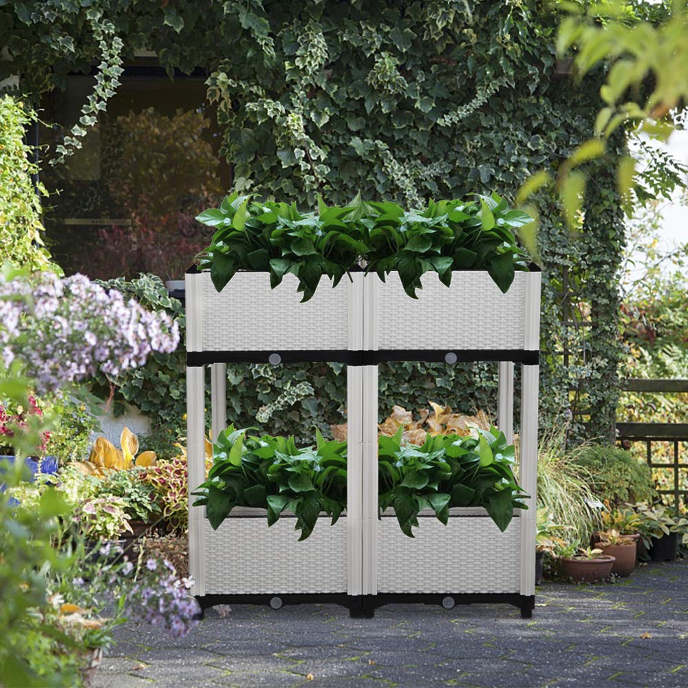 Planter Raised Beds Kits Set of 4, Plastic Elevated Garden beds with Brackets for Flowers Vegetables, Outdoor Indoor Planting Box Container for Garden Patio Balcony Restaurant, Easy Assembly (White)