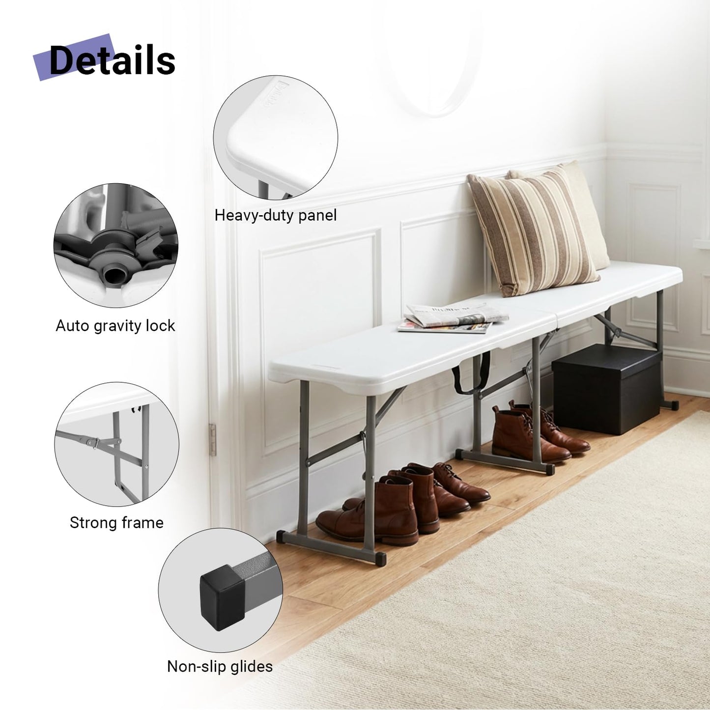 Byliable Folding Bench 6 Foot, Plastic Folding Bench Seat Portable Foldable Picnic Party Camping Dining Seat, White Garden Multipurpose Entertaining Activities