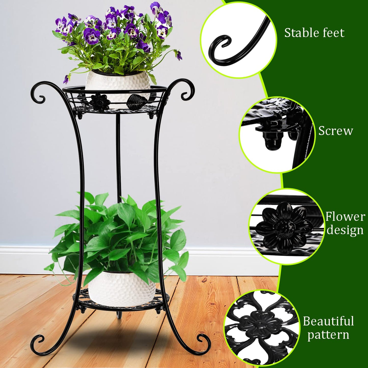 Yesland 2 Pcs Metal Plant Stand Indoor Outdoor, 2 Tier Black Iron Flower Plant Stand 26 Inches Detachable Tall Modern Plant Shelf Holder for Corner, Patio, Living Room, Garden