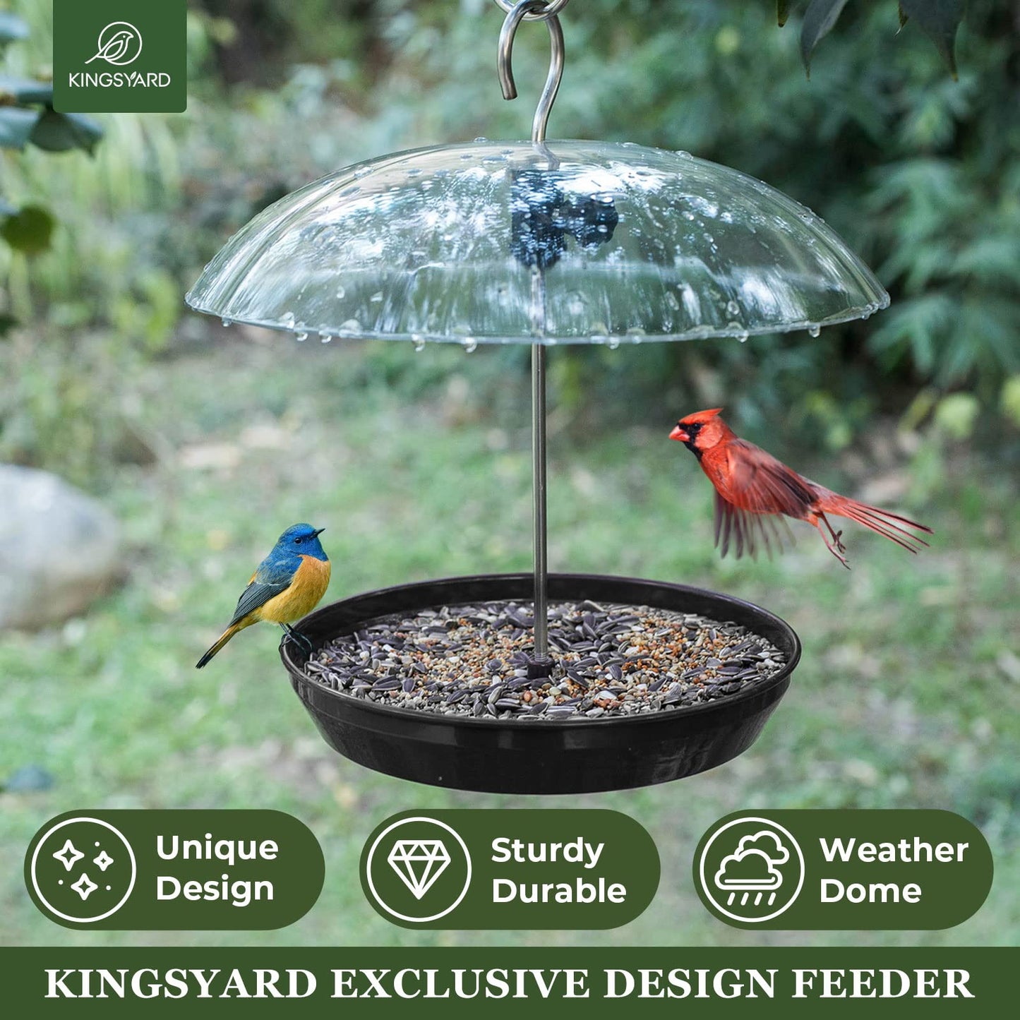 Kingsyard Adjustable Platform Bird Feeder for Outdoors, Hanging Metal Seed Tray with Clear Rain Proof Dome, Large Capacity for Wild Bluebird Cardinal Dove Mealworm, Black