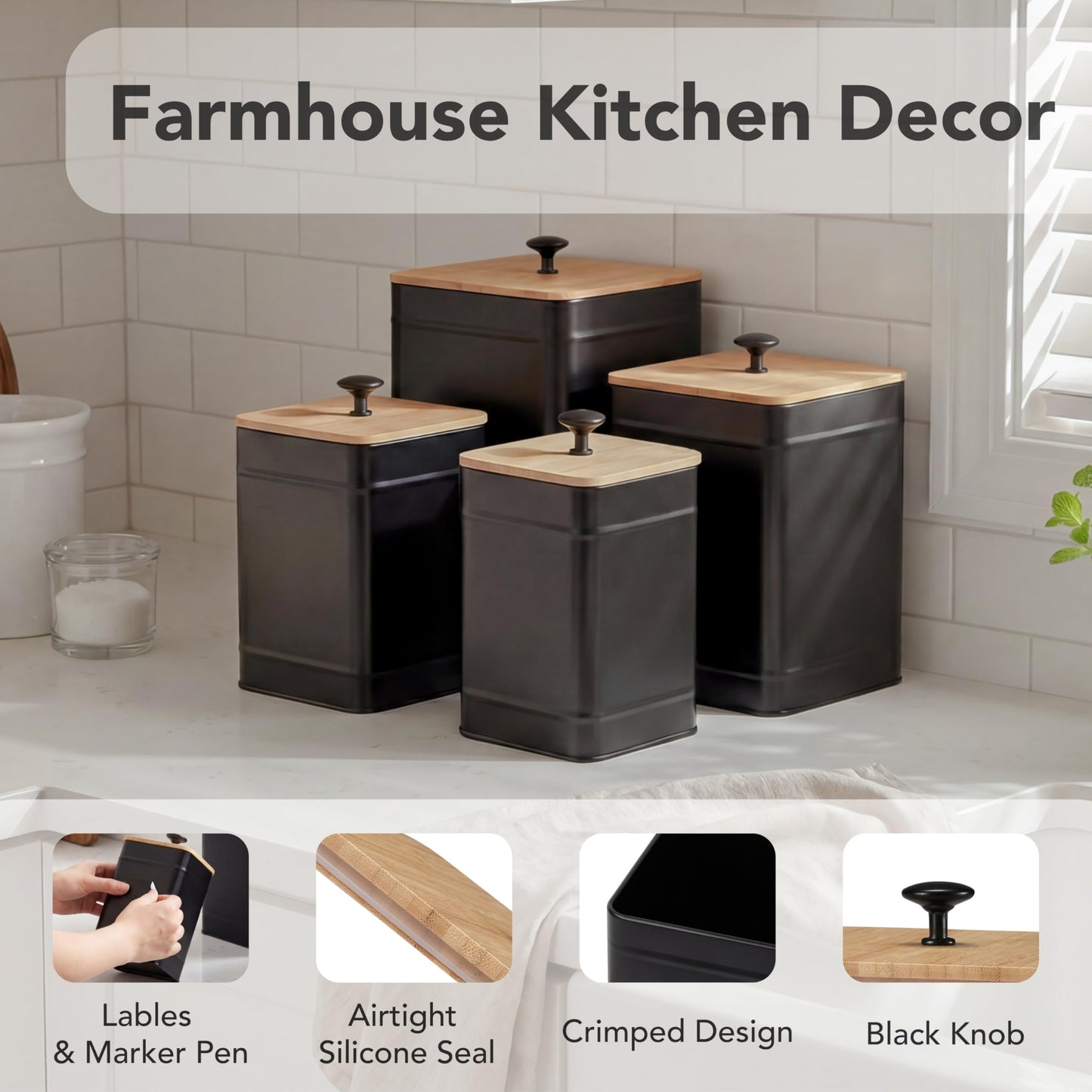 PERFNIQUE Kitchen Canisters, Airtight Canister Sets for Kitchen Counter, Kitchen Canisters for Countertop Set of 4, Coffee Tea Sugar Flour Spice Tin Jars Food Storage Container with Lid(Black)