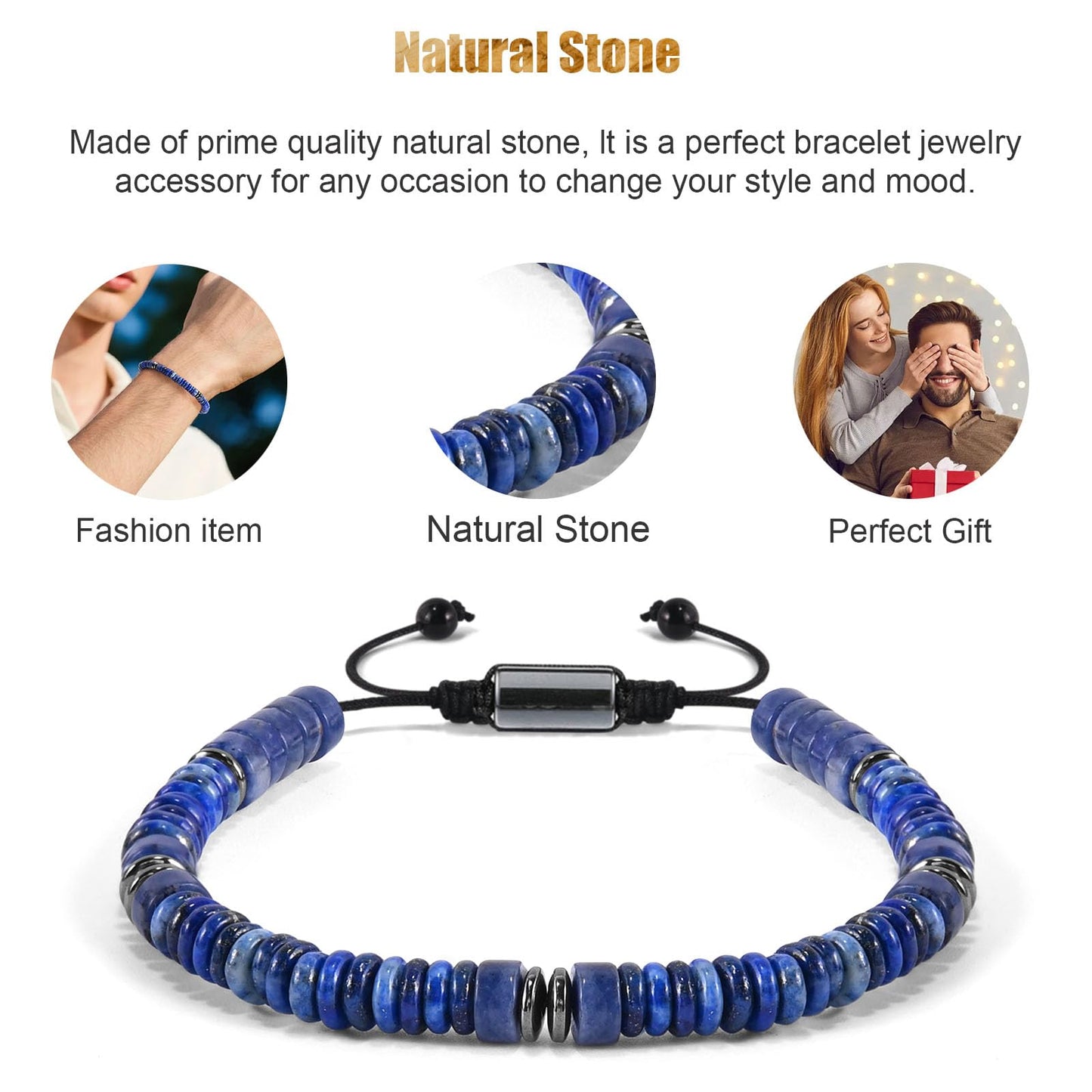 VIBILIA Healing Crystal Bracelets Beaded Bracelets for Men Women Lapis Lazuli Natural Stone Adjustable Bracelets Unique Gifts for Father Son Grandfather Brother Friend