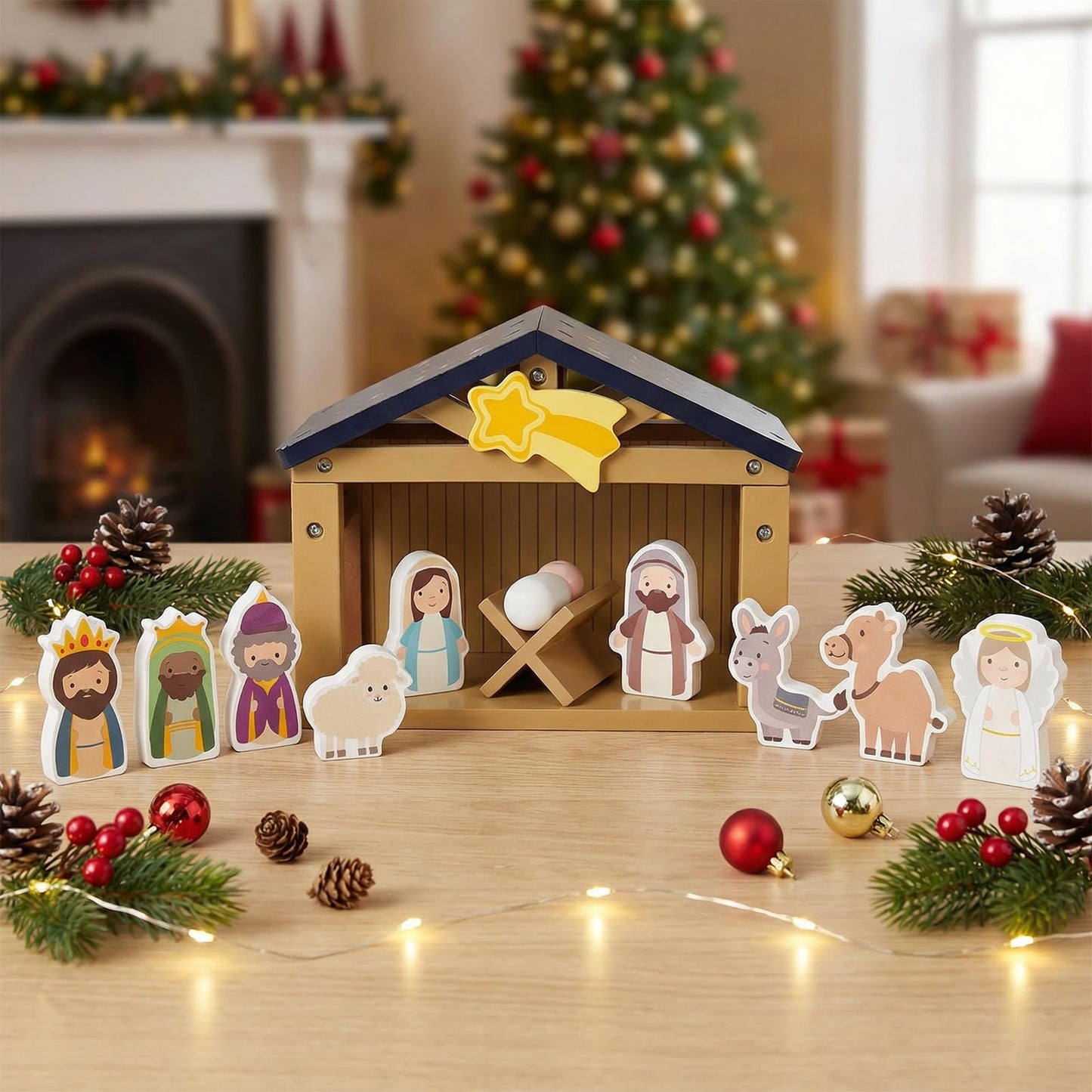 WOODENFUN Toy Nativity Set for Kids，Wooden Christmas Nativity Scene Miniature Holy Family Figurines Gifts for Children Boys Girls 3+ Years Old