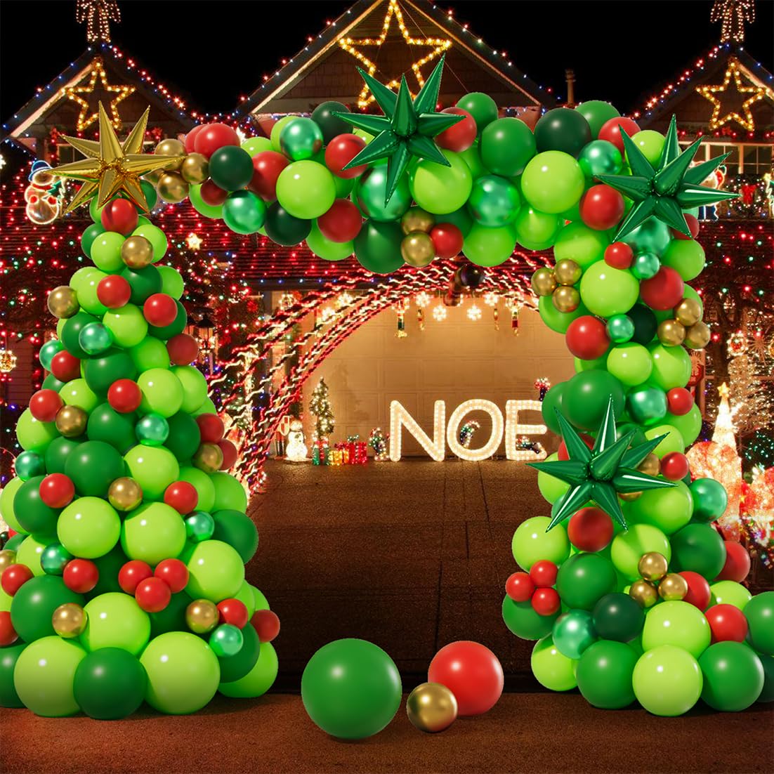 AobkDeco 284PCS Christmas Balloon Garland Arch Kit With lime Green Dark green Red Balloons Exploding Star Balloons for Christmas Party Decorations Supplies