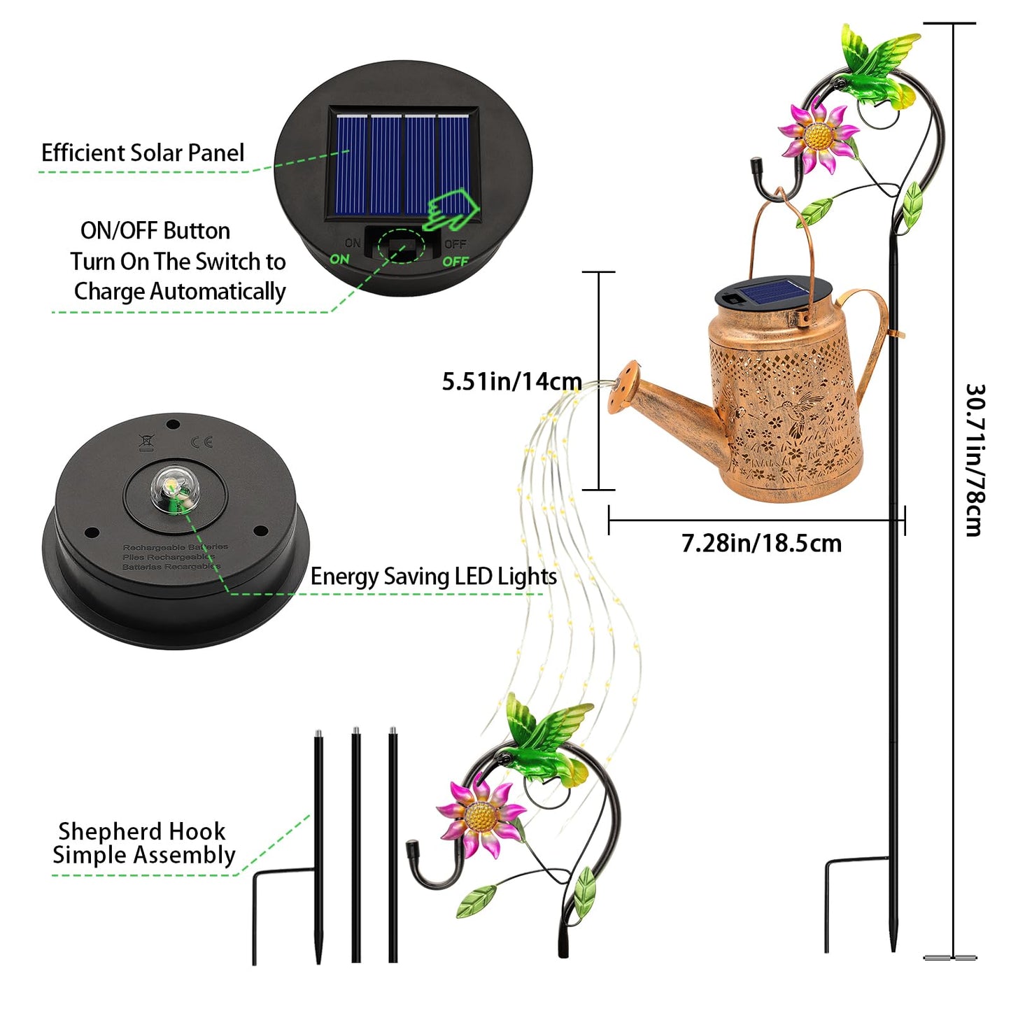 VOOKRY Solar Lights Outdoor Waterproof, Hummingbird Retro Metal Solar Watering Can Lights, Gifts for Women Mom Grandma Mother's Day, Hanging Lantern Decorative Garden Decor for Outside Yard Lawn Patio