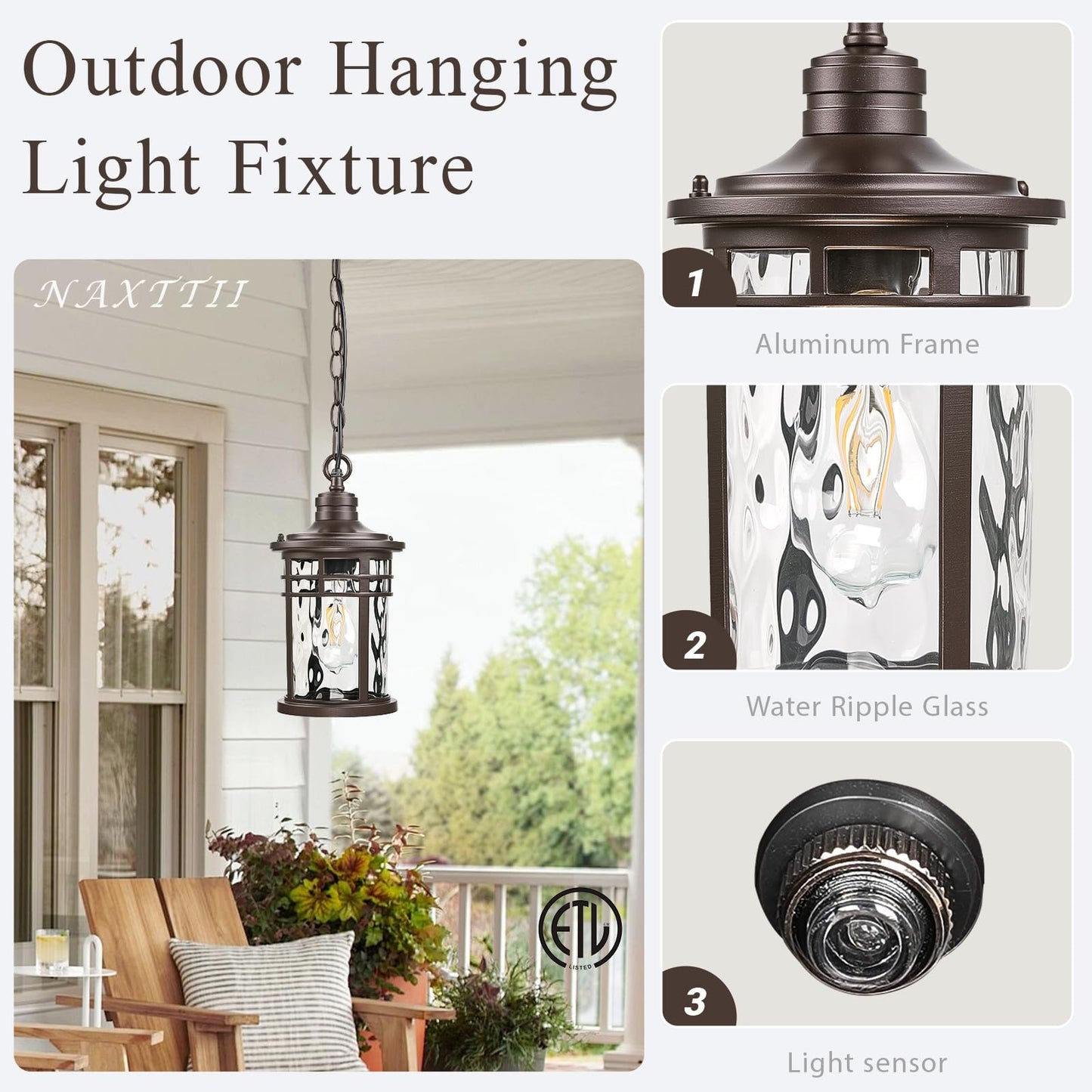 NAXTTII Outdoor Hanging Lantern Light Dusk to Dawn Hanging Porch Light Anti-Rust Aluminum Outdoor Chandelier for Front Door Gazebo E26 Socket Oil Rubbed Bronze Finish