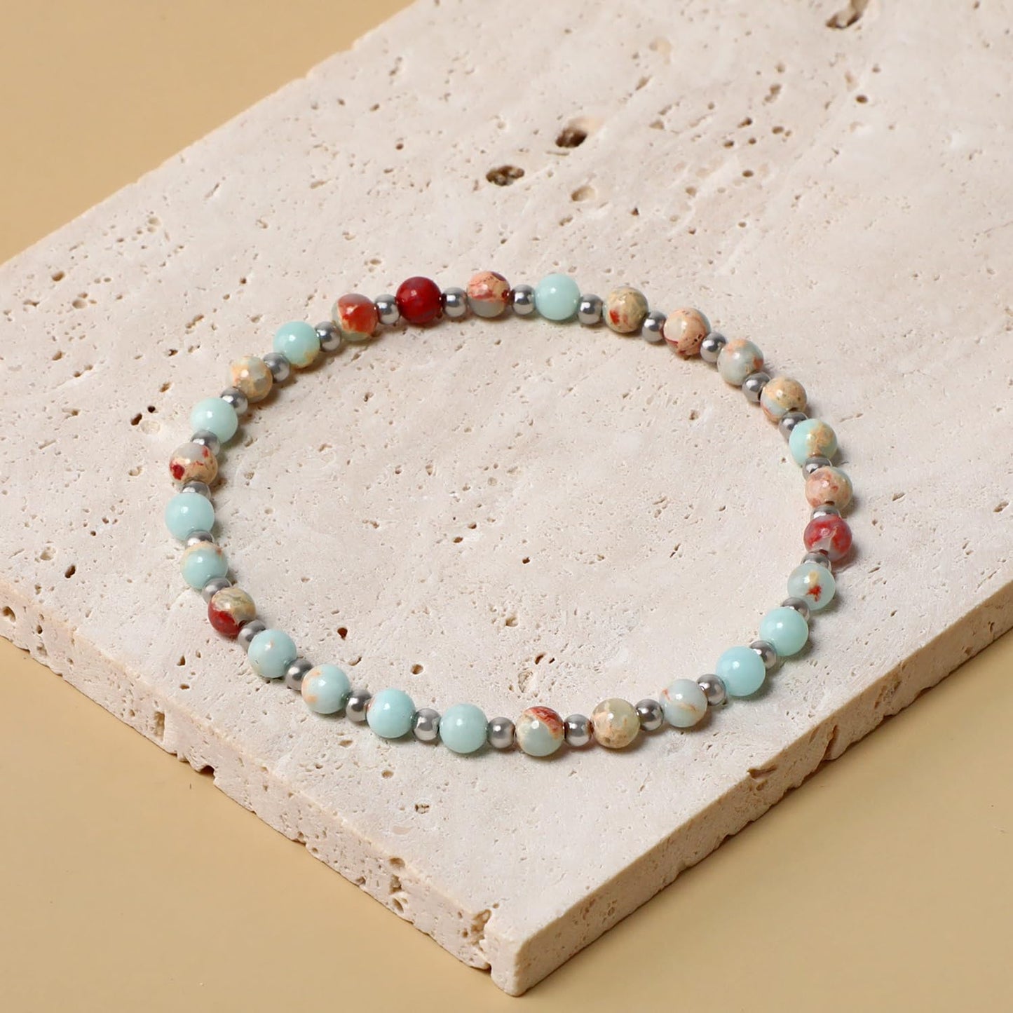 QOGIR Imperial Jasper - Stone of Success - Stainless Silver Beads Natural Gemstone Stretch Elastic Dainty Healing Beaded Bracelets Gifts 4mm