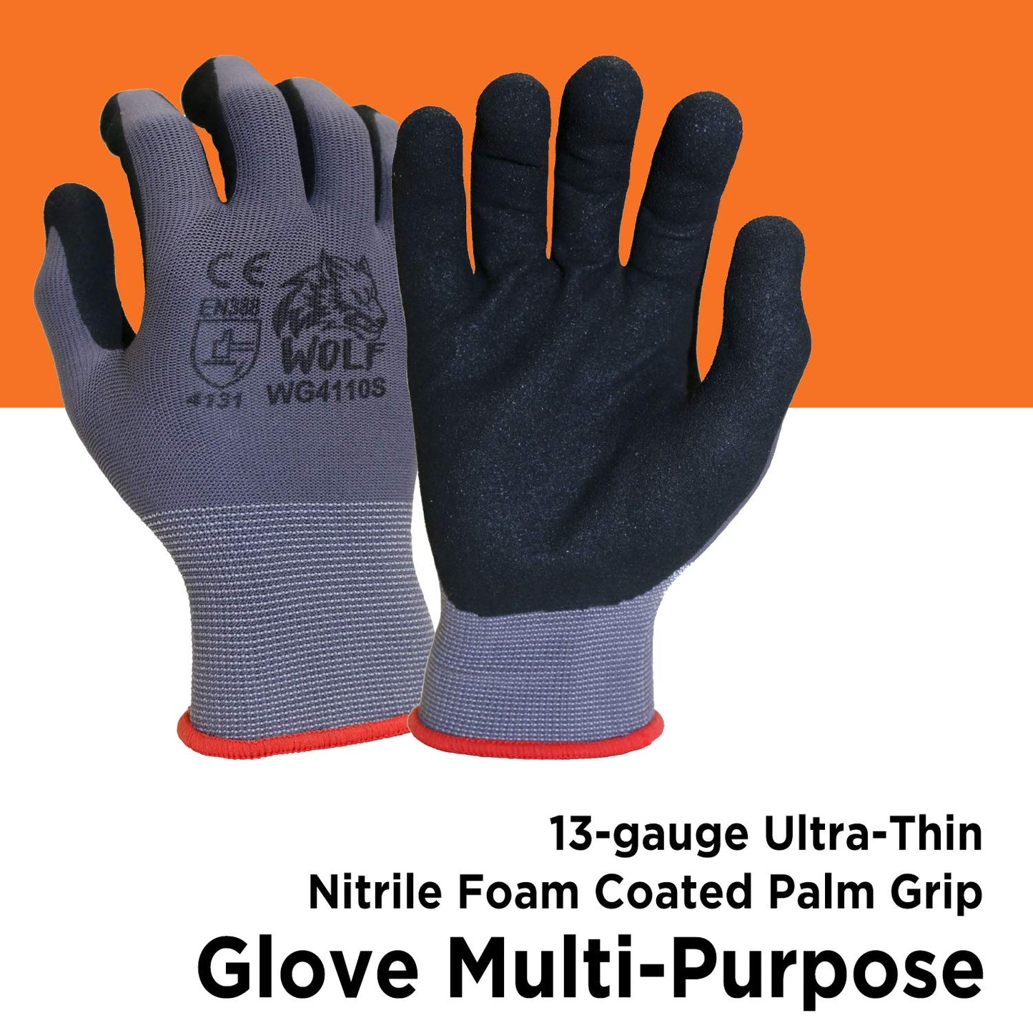 WOLF 13-gauge Ultra-Thin Nitrile Foam Coated Palm Grip Glove Multi-Purpose (12, Small)