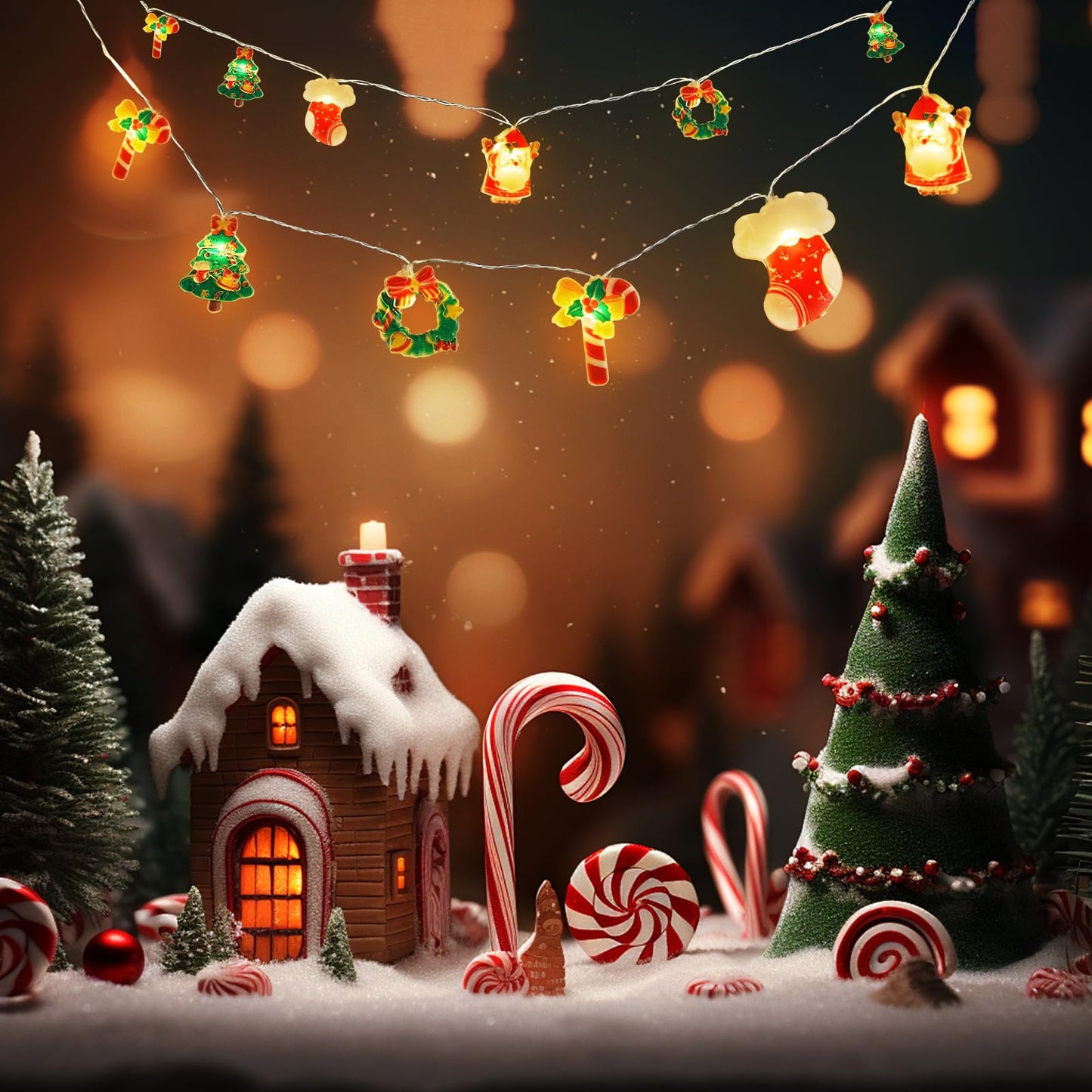 Christmas Lights Decorations,Christmas Fairy String Lights,20 LED Xmas Warm White Light Hanging Decors with Santa Claus Wreath Tree Snowman Candy Cane Hat Stockings Indoor Window Lights for Party Home