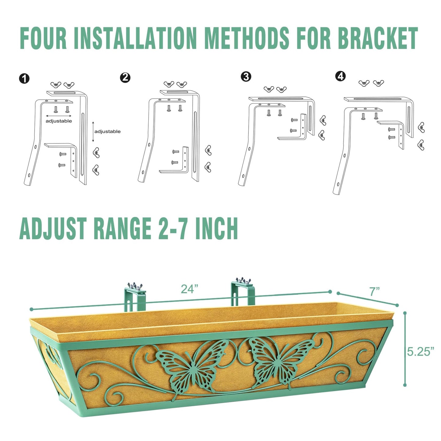 2 Pack 24 Inch Window Boxes Planter Railing Planters Box with Adjustable Brackets for Porch Deck Balcony Hanging Butterfly Decorative Flower Baskets & Non-Woven Fabric Liner for Outdoor Plants - Green