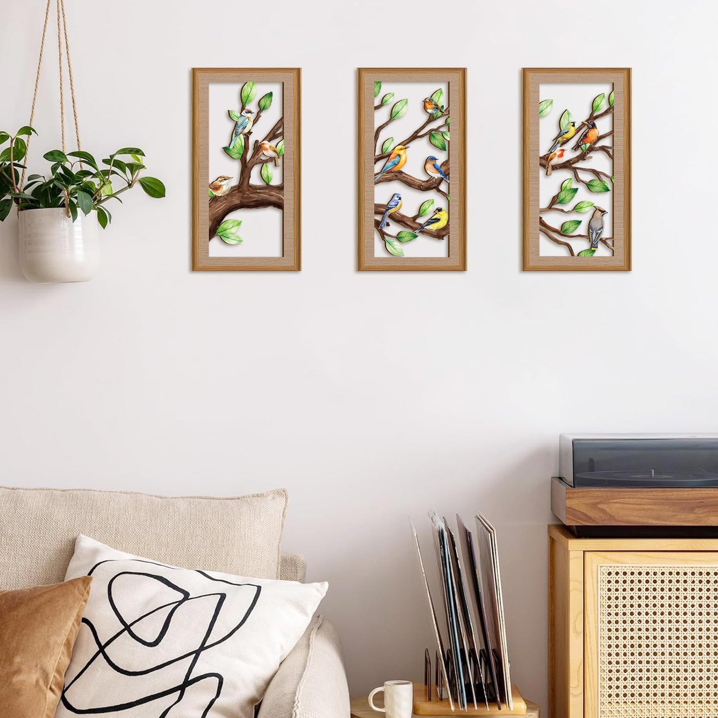 Ausril 3 Pcs Birds Tree Branch Wall Decor,Nature Tree of Life Wall Art,Green Leaves with Bird Wall Art,Branch Birds Silhouette Sculpture,Spring Tree Sign Wood Framed for Home Living Room Bedroom