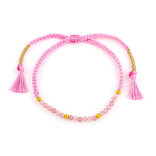 GEMSYMPHONY Strawberry Quartz Gemstone Beads Braided Bracelet – 3.5mm Natural Stone Beads, Handmade Adjustable Braided Rope Bracelet, Healing Crystal Jewelry for Men & Women, Unisex Boho Gift