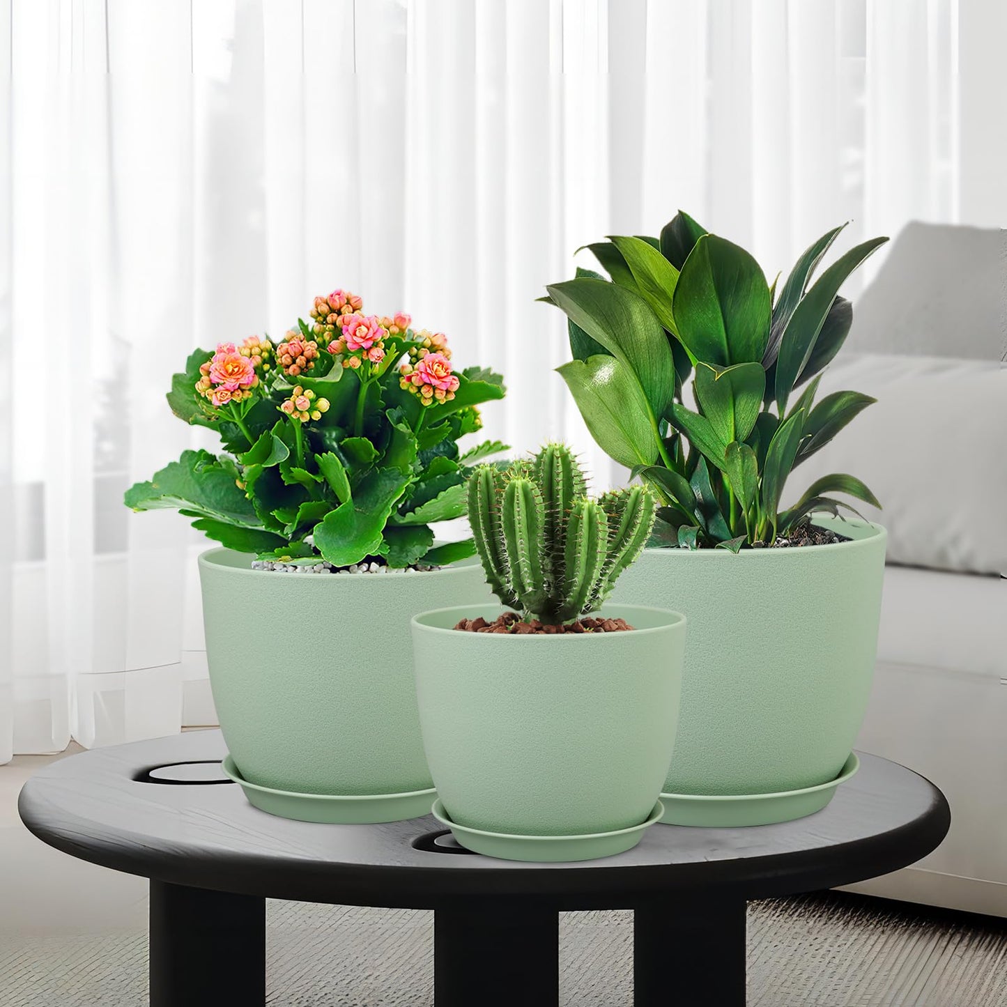 WSMKSZ Medium Plant Pots 10/9/8 inch, Flower Pots for Indoor Outdoor Plants, Set of 3 Modern Decorative Plastic Planters with Drainage Holes and Saucers for House Porch Garden Plants, Green