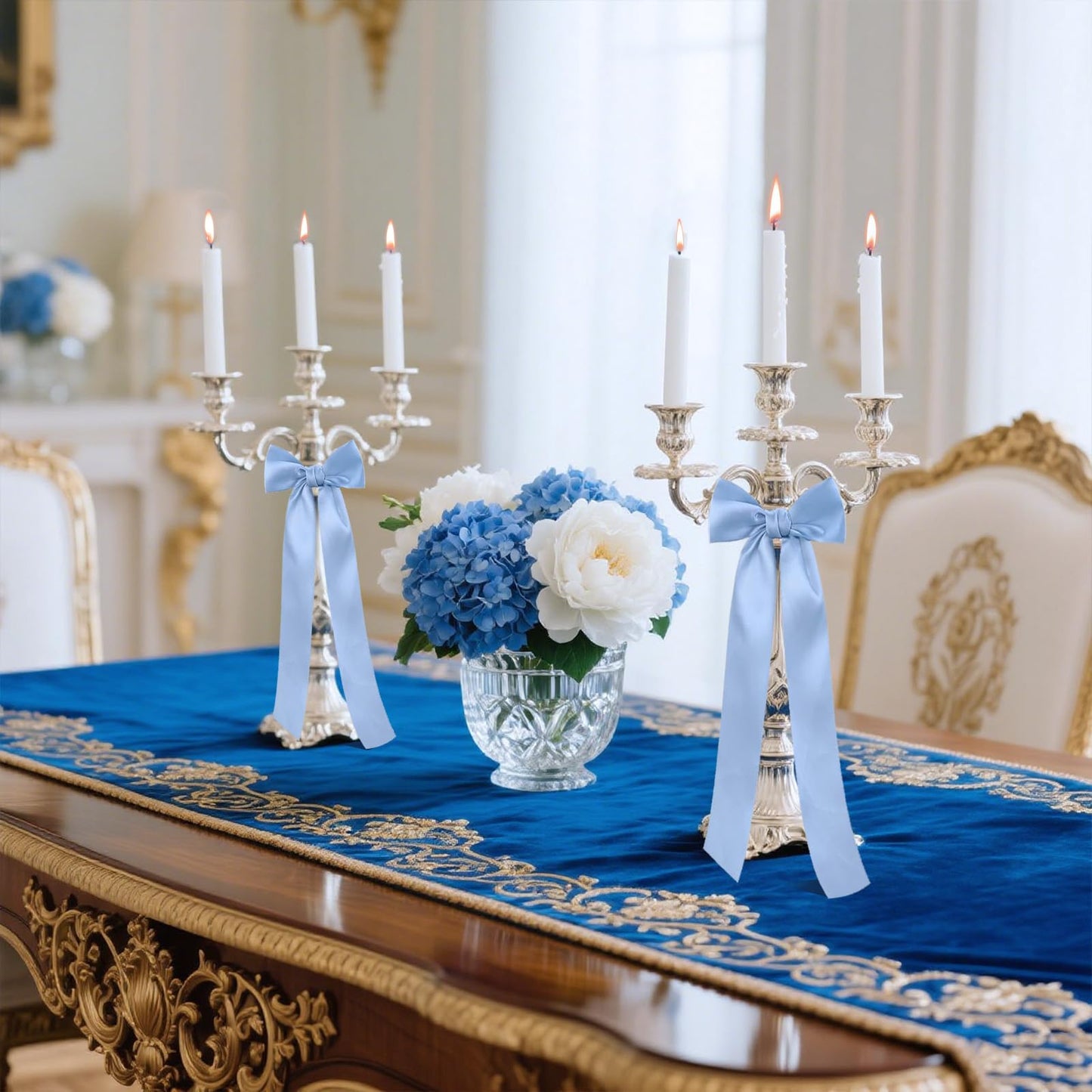 16pcs Blue Candlestick Bows Decor Blue Twist Tie Bows Ribbon Bows Set - 13 Inch Candlestick Decorations for Weddings, Parties, Bridal Showers & Home Decor