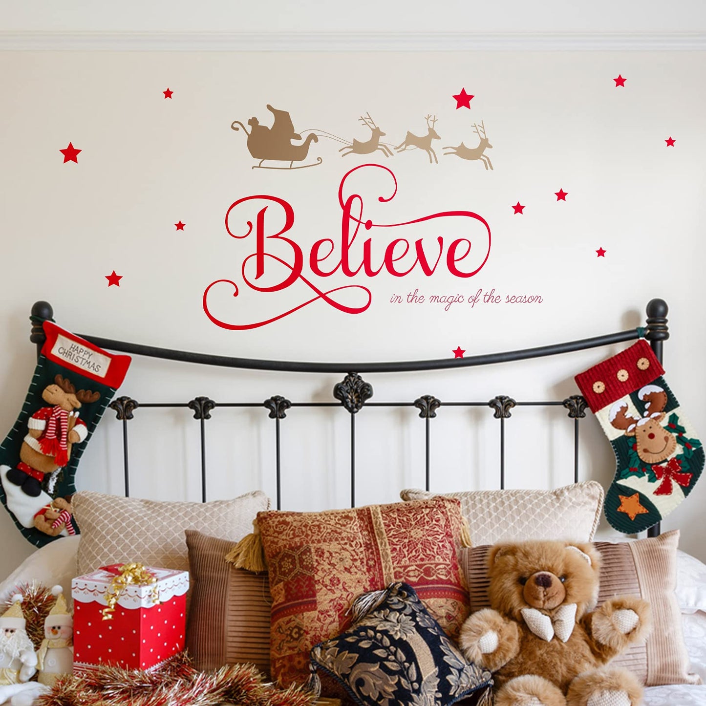 Outus Happy New Year Decal Stickers Believe Quotes Wall Decals Reindeer Christmas Tree Wall Art Decals Decor Removable Modern for New Year Party Supplies Home Window Decor