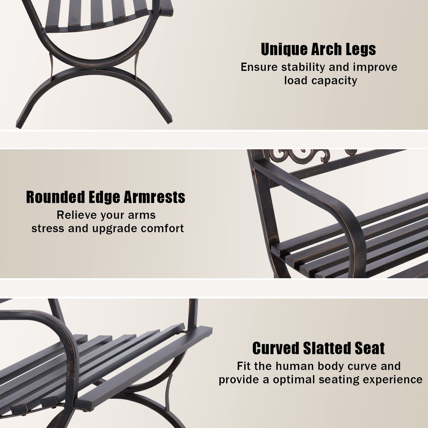 MFSTUDIO 50 Inches Outdoor Garden Bench, Cast Iron Metal Frame Patio Park Bench with Floral Pattern Backrest, Arch Legs for Porch, Lawn, Yard-Bronze