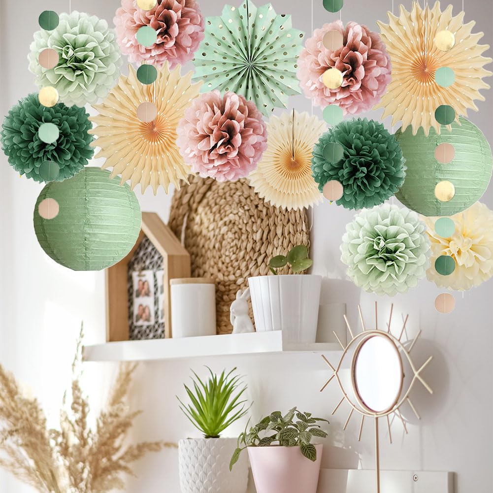 Sage Green and Dusty Pink Party Decorations Retro Olive Sage Green and Dusty Rose Party Decorations Cream Poms Beige Fans for Boho Pink Birthday Baby Shower Bridal Shower Wedding Engagement